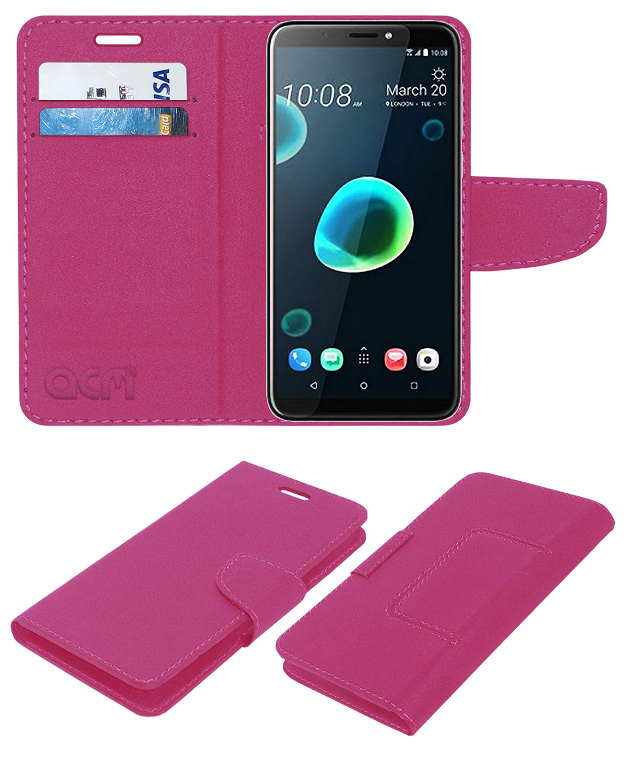 Acm Leather Flip Wallet Case Compatible with HTC Desirre 12 Plus Mobile Cover Pink