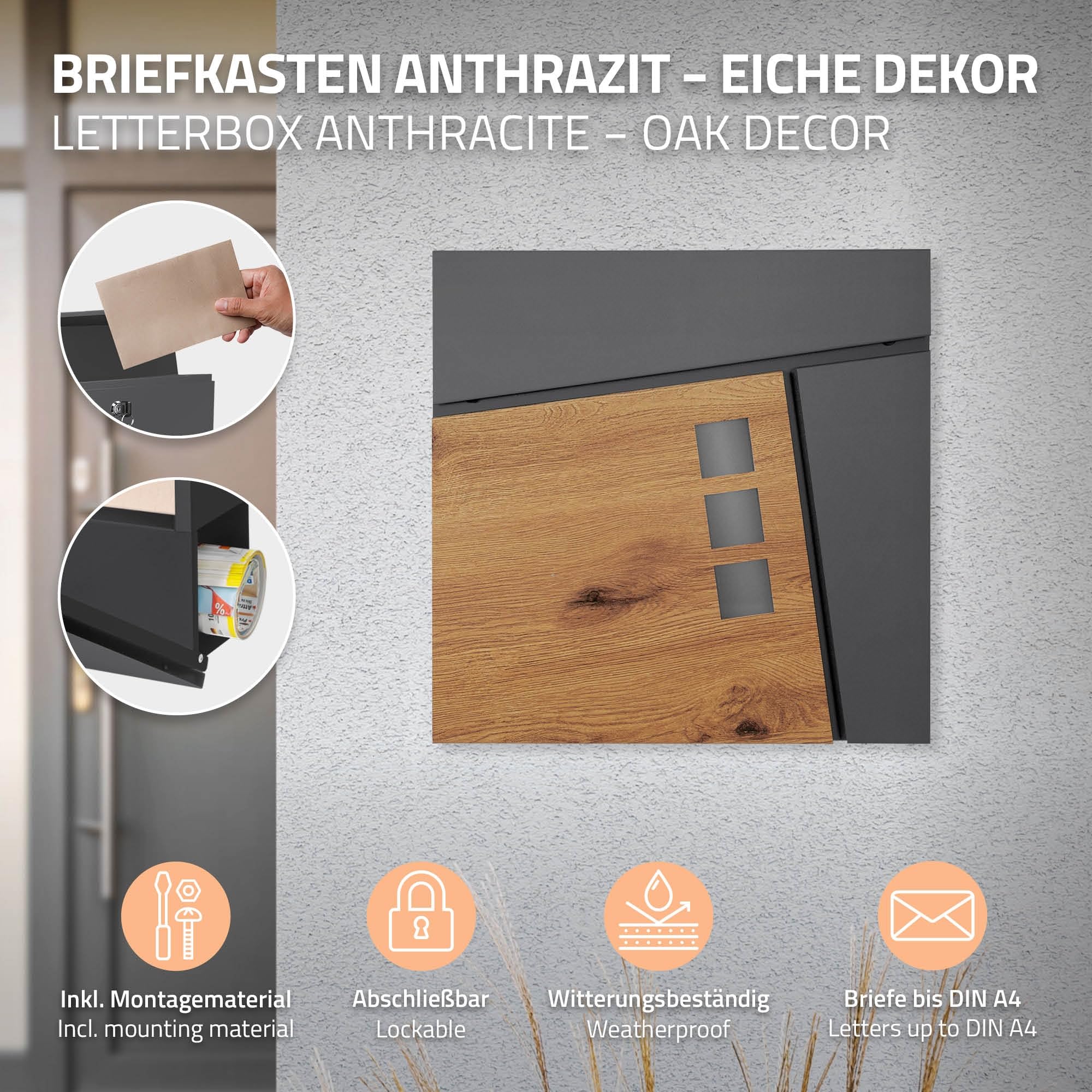 ML-Design Buzón De Correo con Compartimento para El Periódico 37x36,5x11 cm Acero Antracita Aspecto De Madera con 3 Ventanillas 2 Llaves Solapa De Cierre Total Diseño Moderno Montado En La Pared