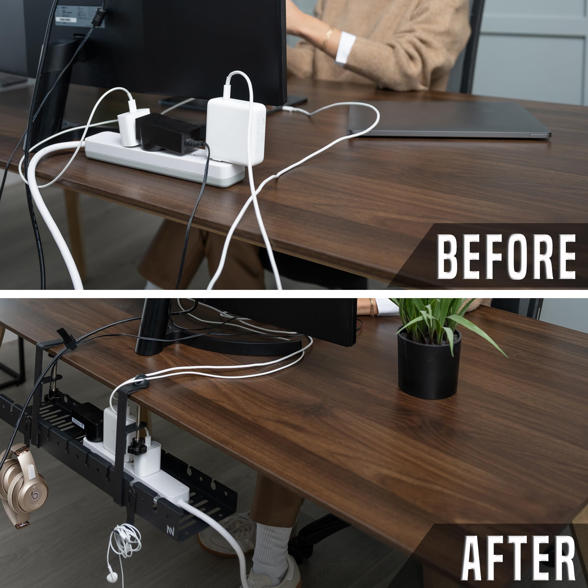 Bandeja de gestión de cables para debajo del escritorio sin taladrar, extensible de 16 a 31 pulgadas de acero resistente, soporte para bandeja de cables debajo del escritorio con 38 accesorios