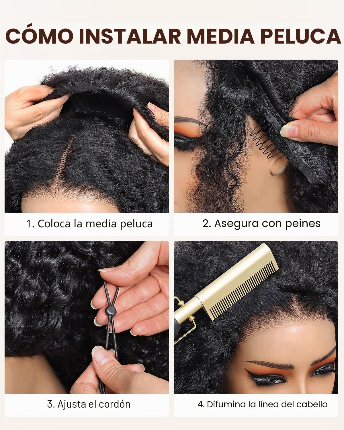 Media peluca de pelo humano 3 en 1, rizado sin costuras, 200 densidades, brasileño, sin pegamento, pelucas humanas con cordón para mujer, pelucas de pelo humano de 45 cm