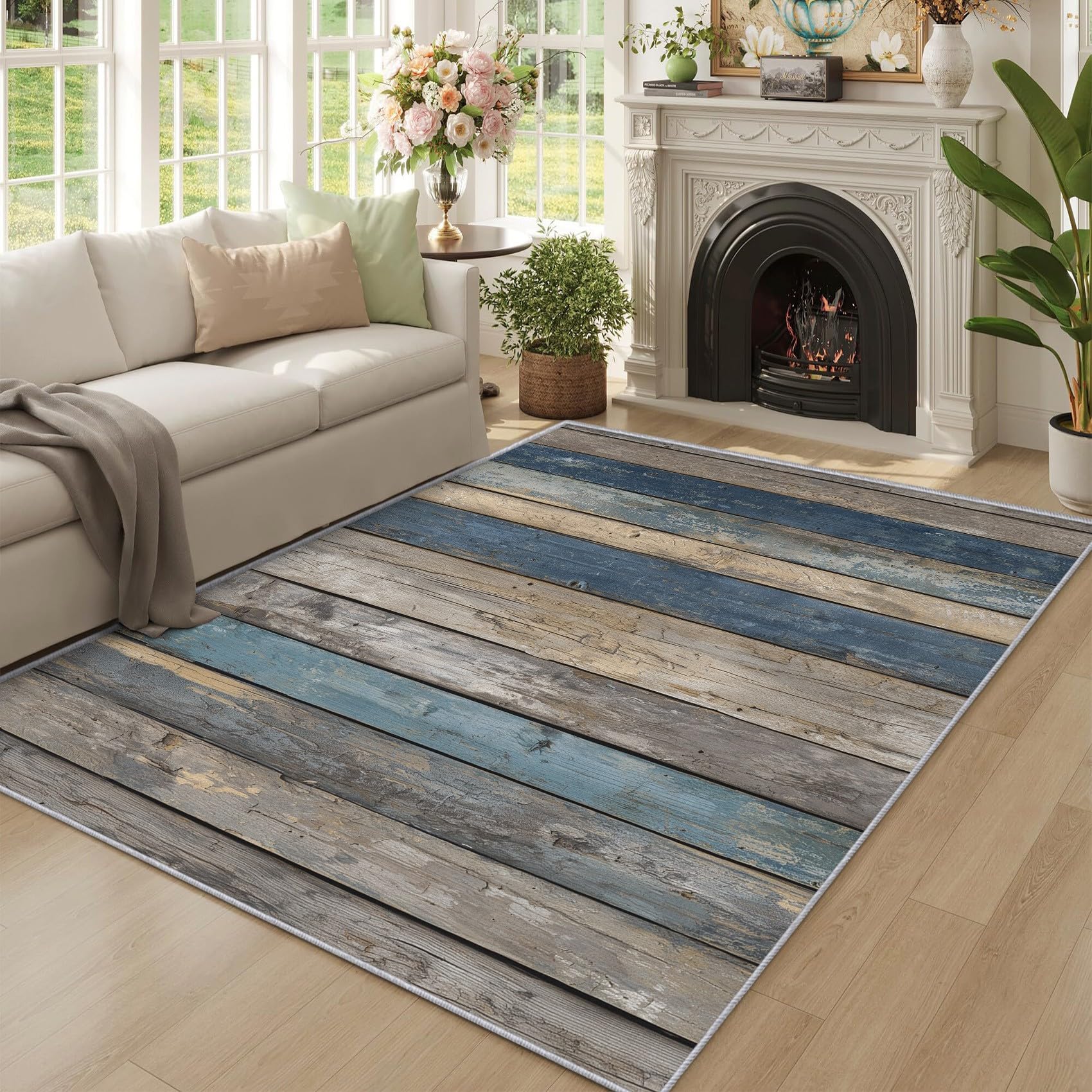 Tapis doux à poils ras 200x300 cm aspect bois et antidérapant
