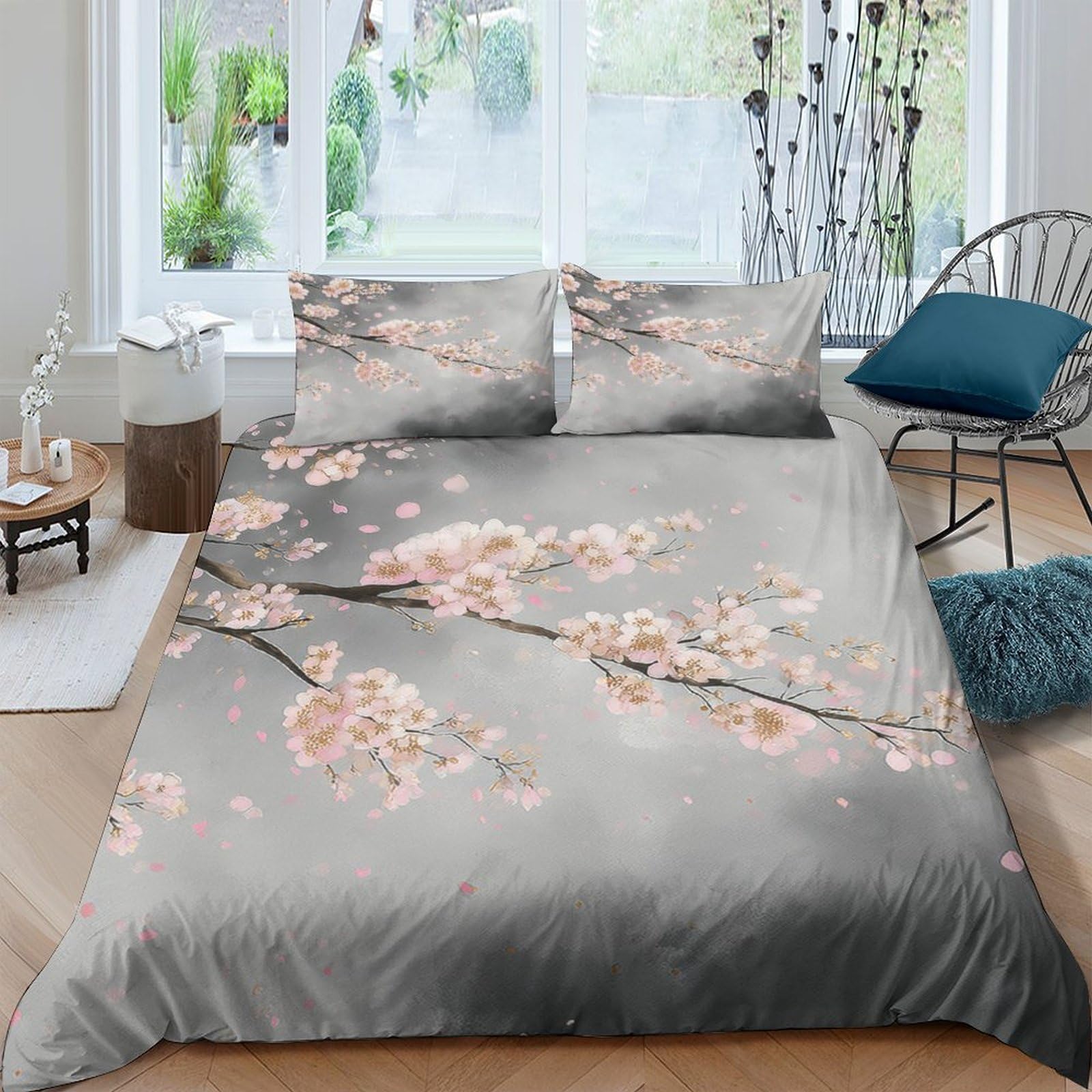 Ctjqhvkz Style-3 3D Printed Sakura Blossom Fitted Sheet Microfiber Soft Grey Floral Mattress Cover For Bedroom Guest Room Decor Single（135X200cm）
