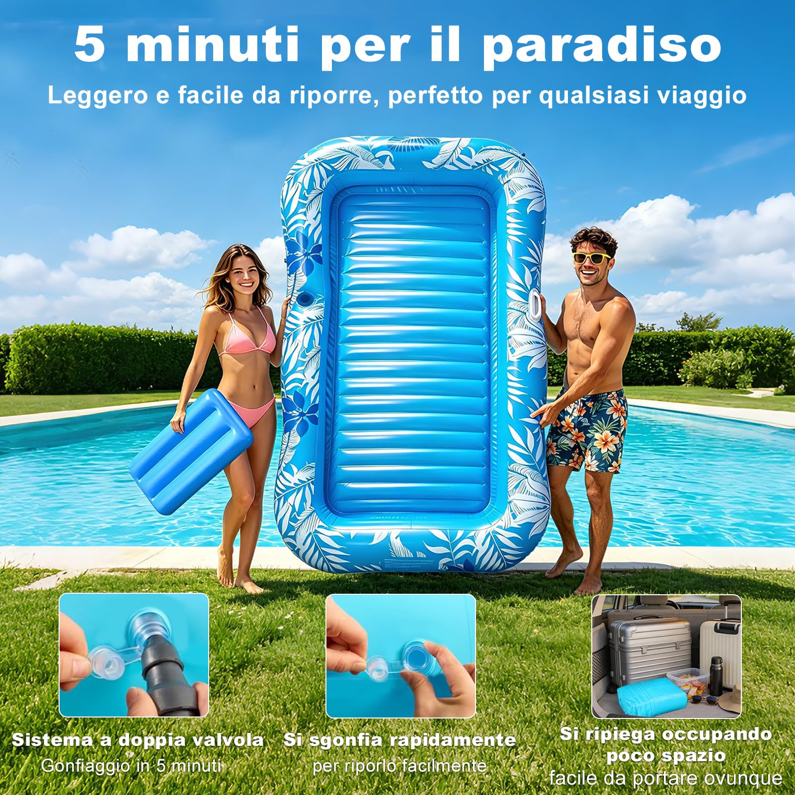 Balakaka Galleggianti da Piscina per Adulti 208×130 cm, Spray Design, Tanning Pool Sdraio Gonfiabile con Portabevande, Grande Materassino Gonfiabile Mare per Partito Spiaggia