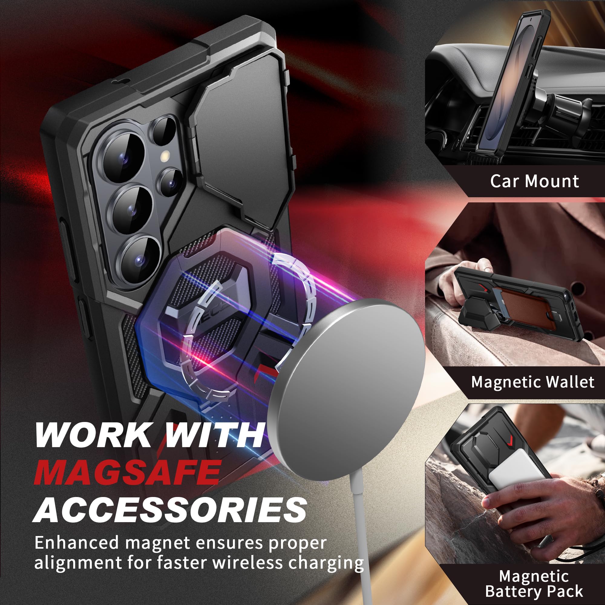 TONGATE Etui ze stojakiem magnetycznym do Samsung Galaxy S26 Ultra, czarne, kompatybilne z MagSafe, z osłoną aparatu, 2 ramkami przednimi, folią ochronną i klipsem do paska