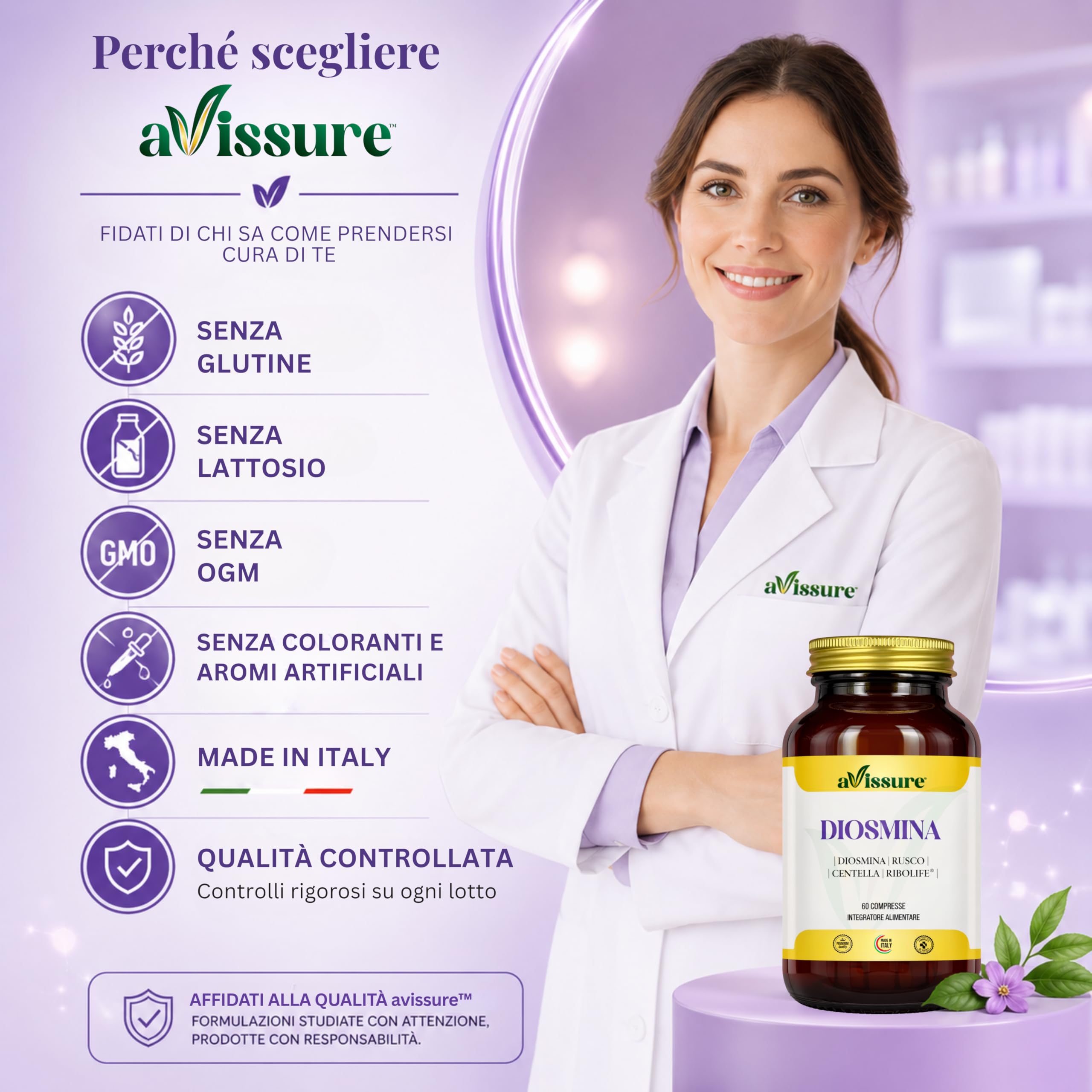 Diosmina 600mg avissure, Integratore Microcircolo e Circolazione Venosa, con Rusco e Centella, Supporto Gambe Pesanti e Benessere Vascolare, con Ribolife®, 60 Compresse, Senza Glutine, Lattosio, OGM