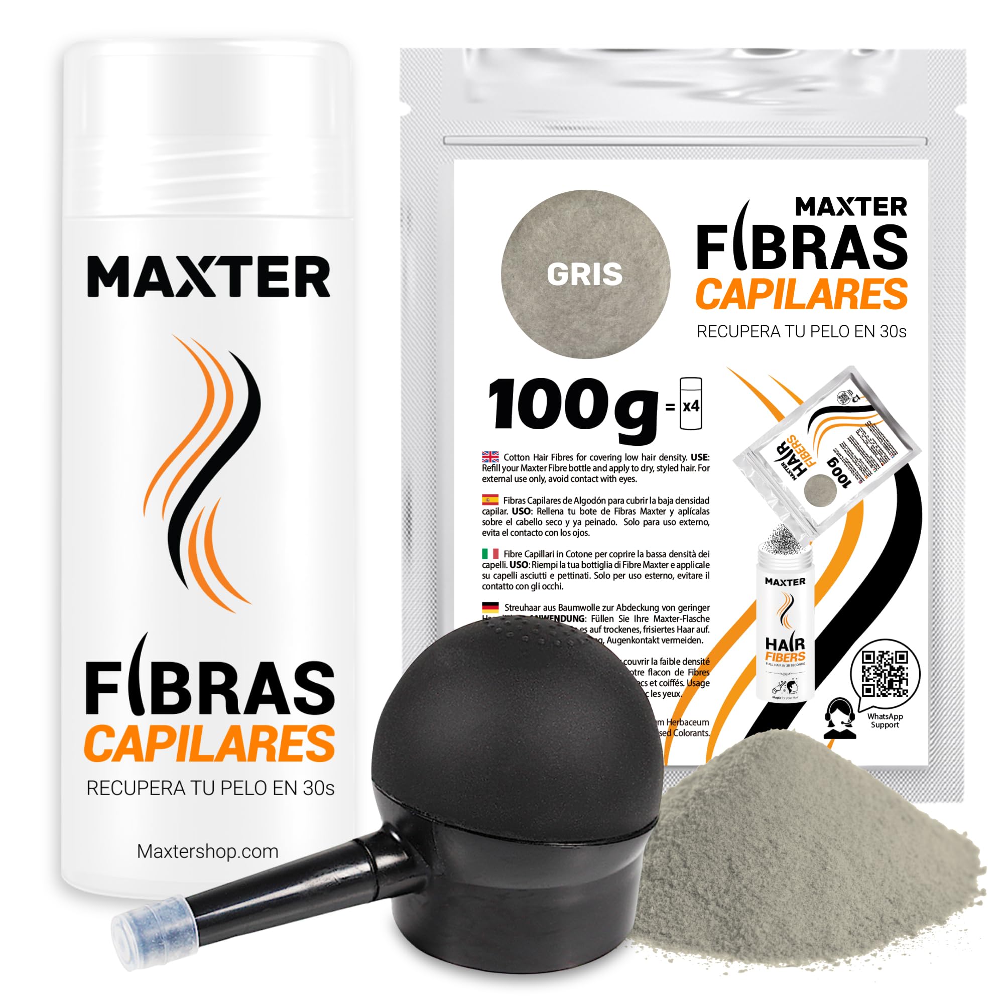 Maxter Fibre Capelli GRIGIO + Spray Applicatore + Borsa di Ricarica 100g - Polvere Volumizzante Capelli per Nascondere la Caduta dei Capelli e la Calvizie - Fibre Cotone per Capelli