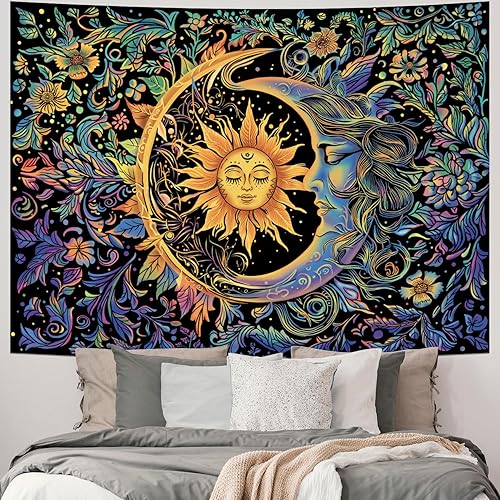 Miniatura 2 de Tapiz de sol y luna, psicodélico, místico, floral, hippie, bohemio, flores, tapiz de pared, tapiz estético vintage para colgar en la pared para