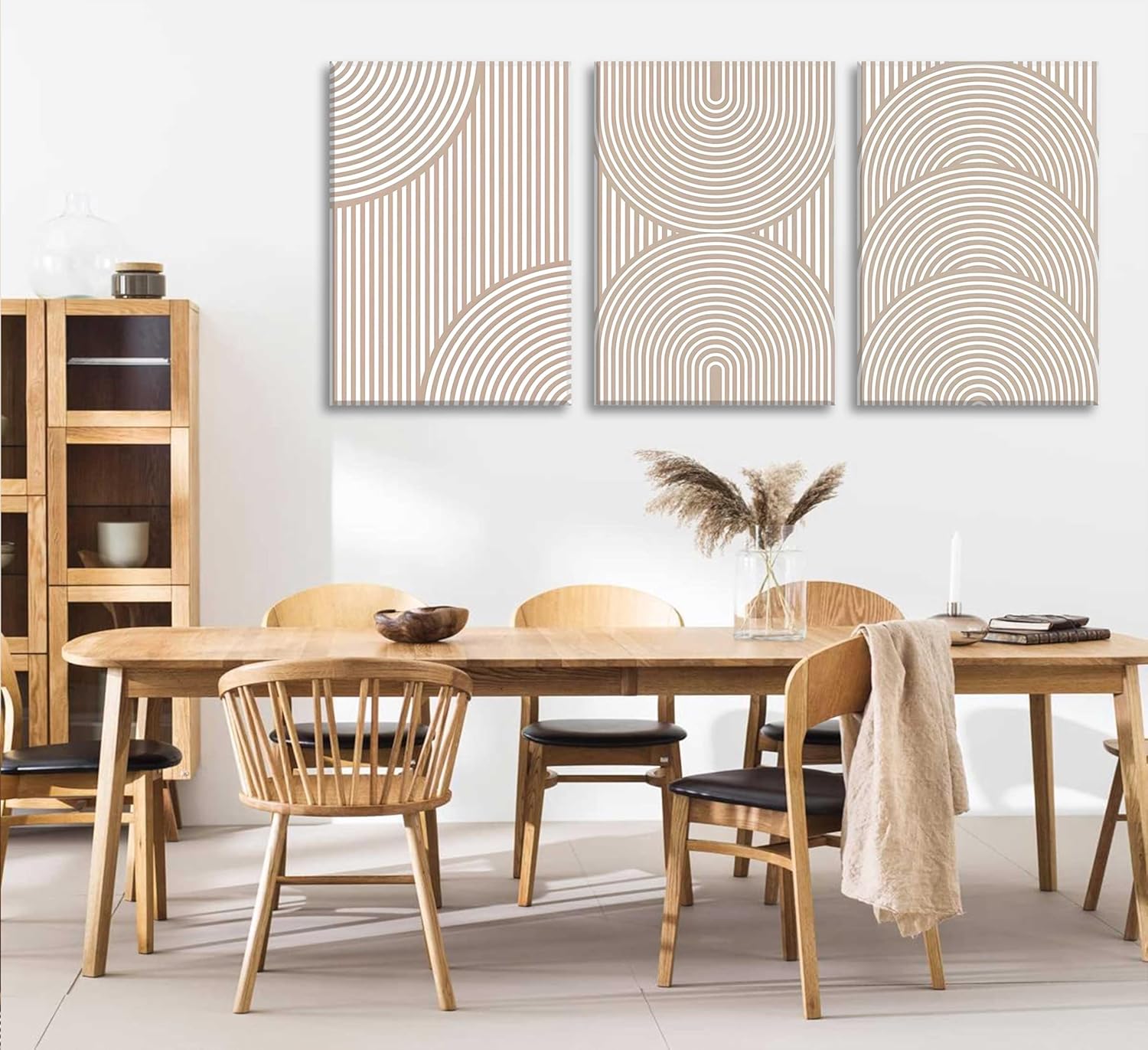 3Pcs Beige Neutral Canvas Wall Art Boho Minimalist Line Paintings Abstract Beige and White Line Wall Decor Mid Century Geometric Posters Prints for Living Room Bedroom Office Art Pictures Framed