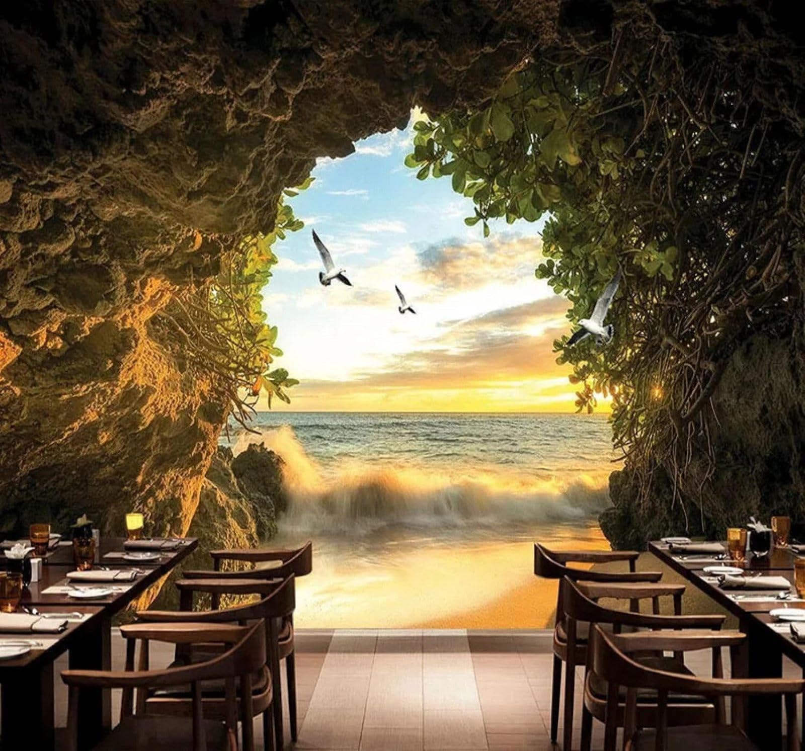 Xlming 350Cm×256Cm(B×H) Cave Seaside Landscape Restaurant Café 3D Wallpaper Luxury Home Dining Decor Paste Sofa Living Room The Wall For Bedroom Mural-350Cm×256Cm