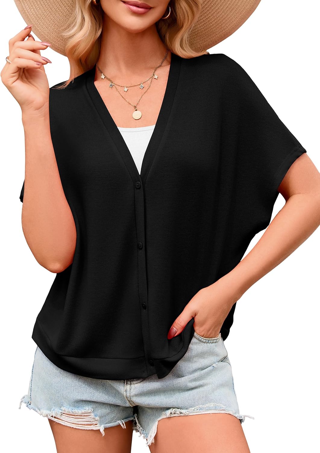 Iandroiy Women’s Oversized Cardigans Batwing Short Sleeve Lightweight Button Down V Neck Casual Tops