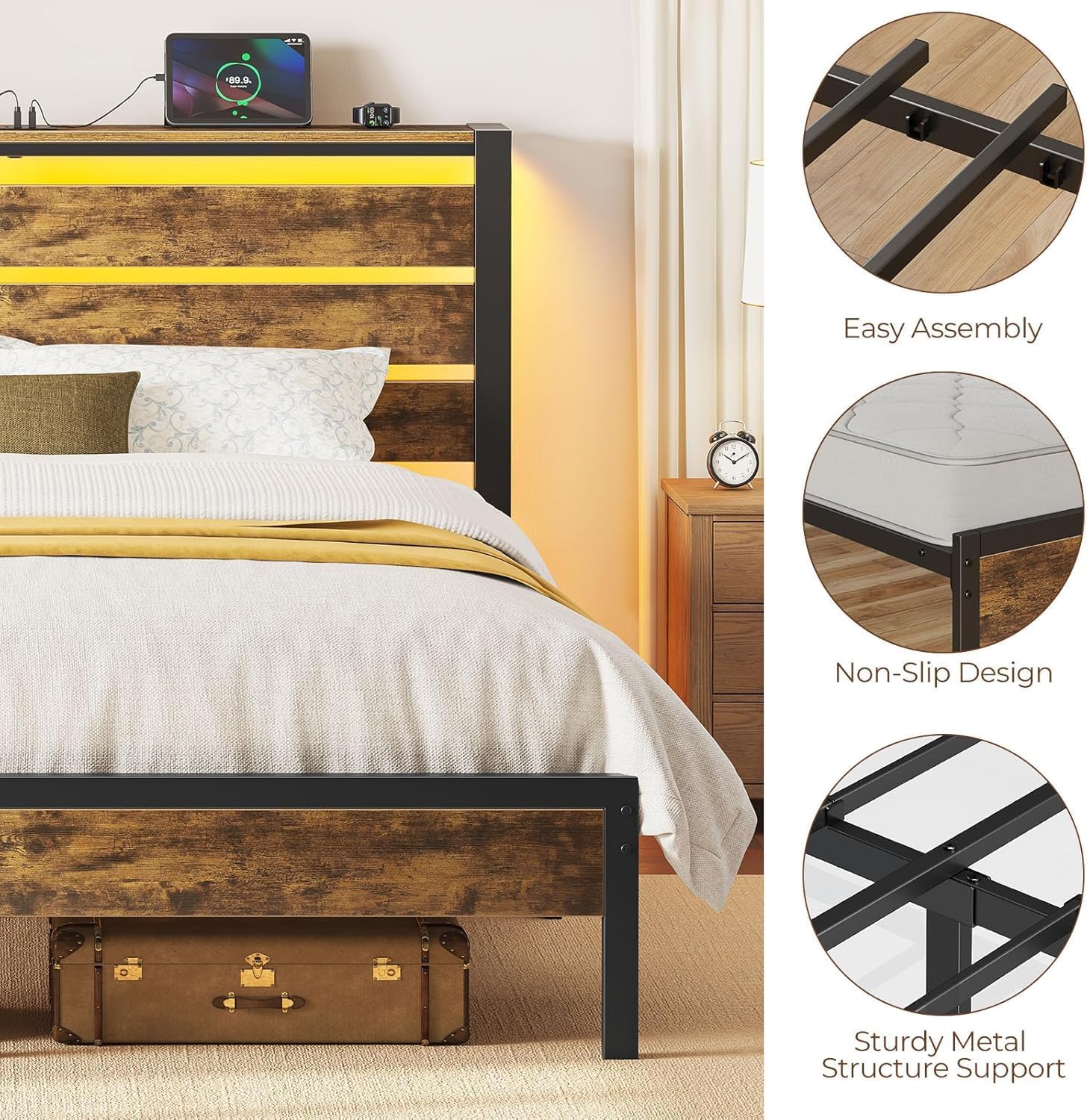 Rolanstar Bed Frame Twin Size with USB Charging Station, LED Bed Frame with Wood Storage Headboard, Rustic Brown Metal Platform Bed with Under Bed Storage, No Box Spring Needed, Noise Free - Image 7