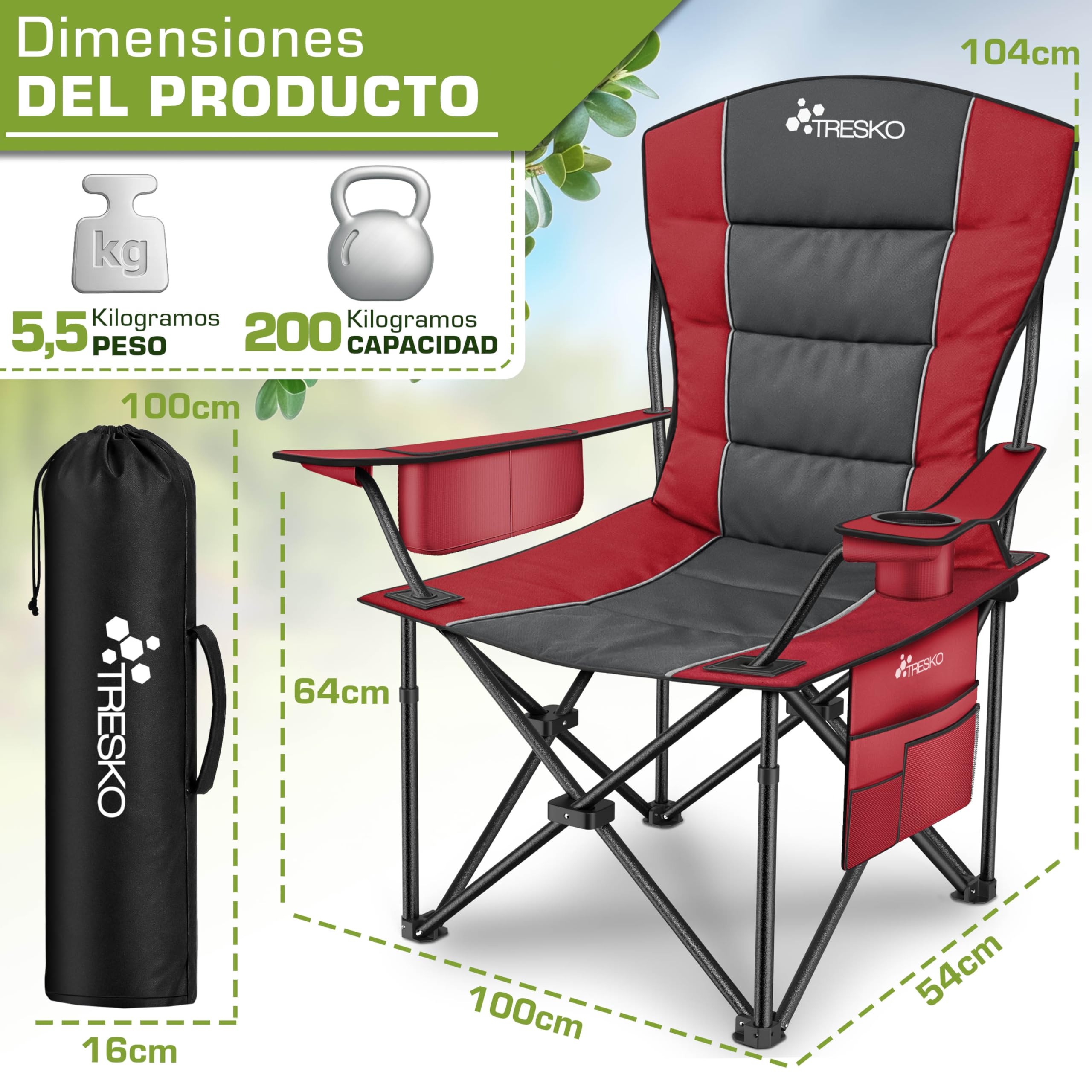 TRESKO® Silla de Camping Plegable y transportable | hasta 150 kg | Silla de Pesca portátil con reposabrazos y portabebidas (Rojo)