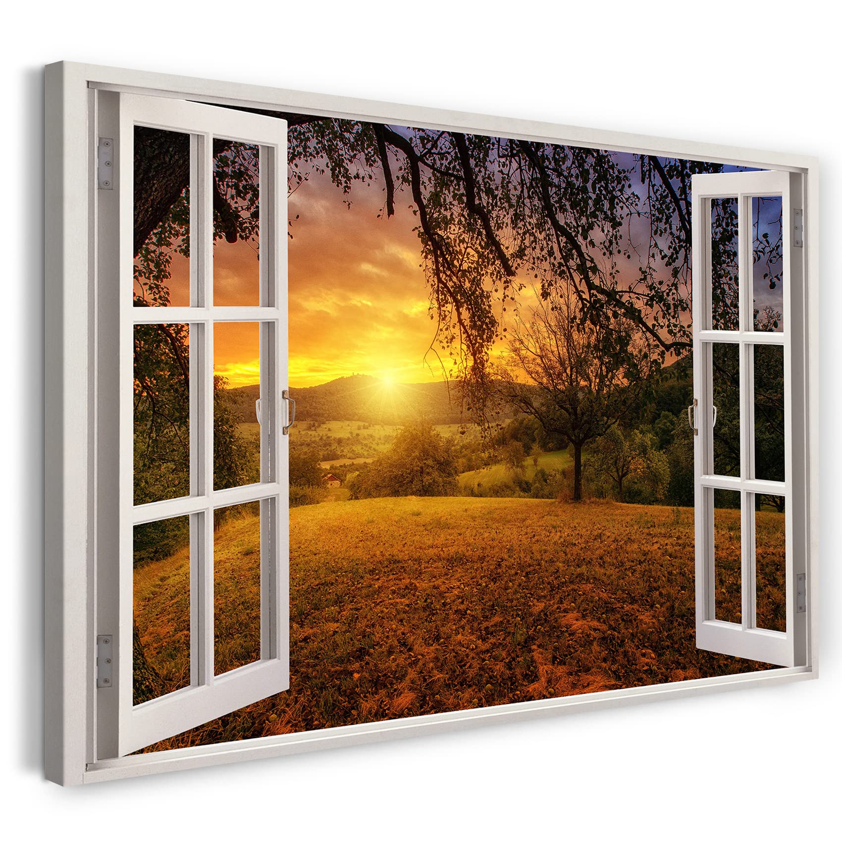 Printistico #05 Print On Canvas (80X60 Cm) View From The Window - Field Sunset Nature Tree - Nature Photography, Real Wood Frame With Hook