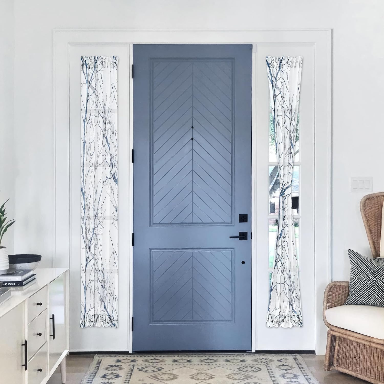 FMFUNCTEX Sidelight Sheer French Door Curtains 72 Inches Long White, Blue and Grey Print Branch Semi-Sheer Door Panels for Front Patio Door 24 Inches Wide 2 Panels Set