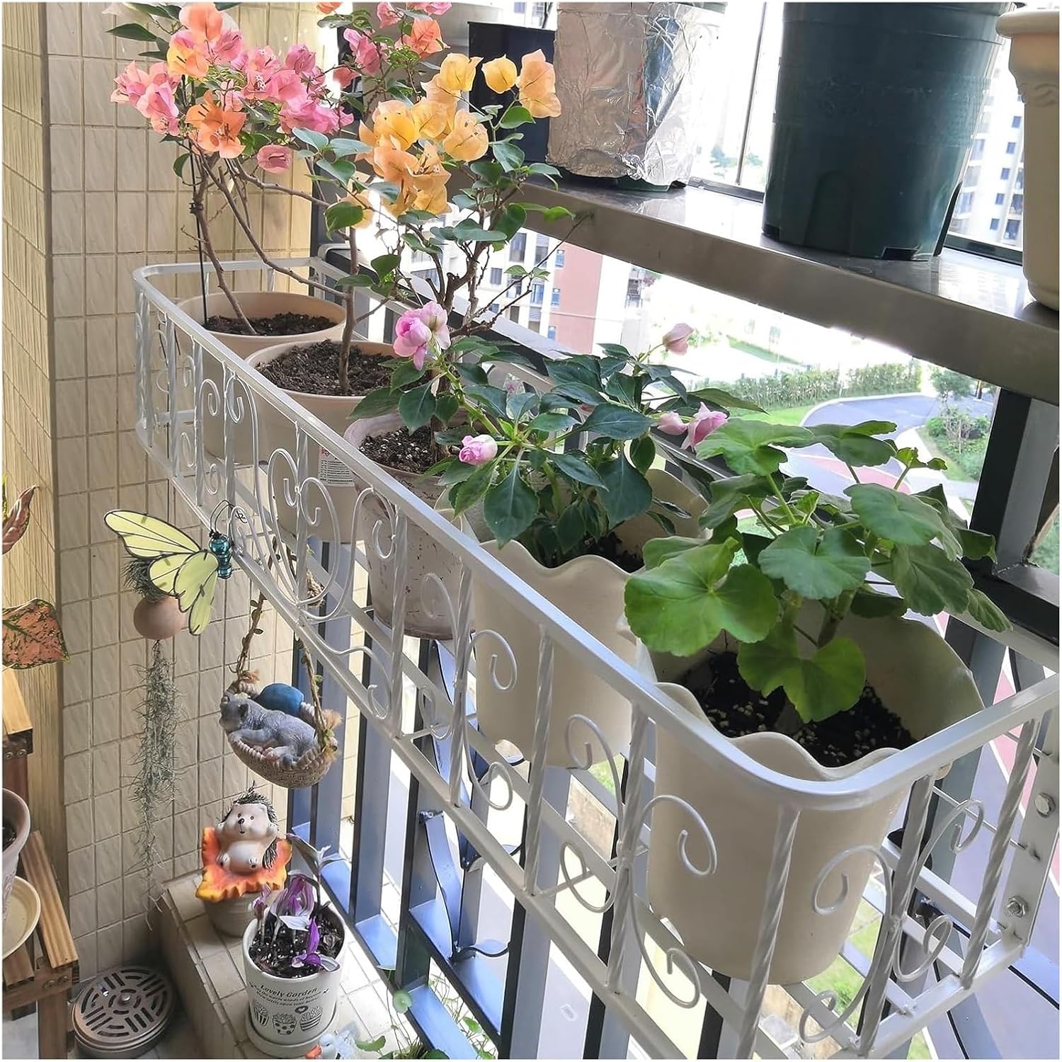 Outdoor Railing Planter - Balcony Fence Planters, Iron Flowerpot for Window Sill & Guardrail, Hanging Flower Stand, White (90x27x19cm) - Perfect for Gardens & Patios