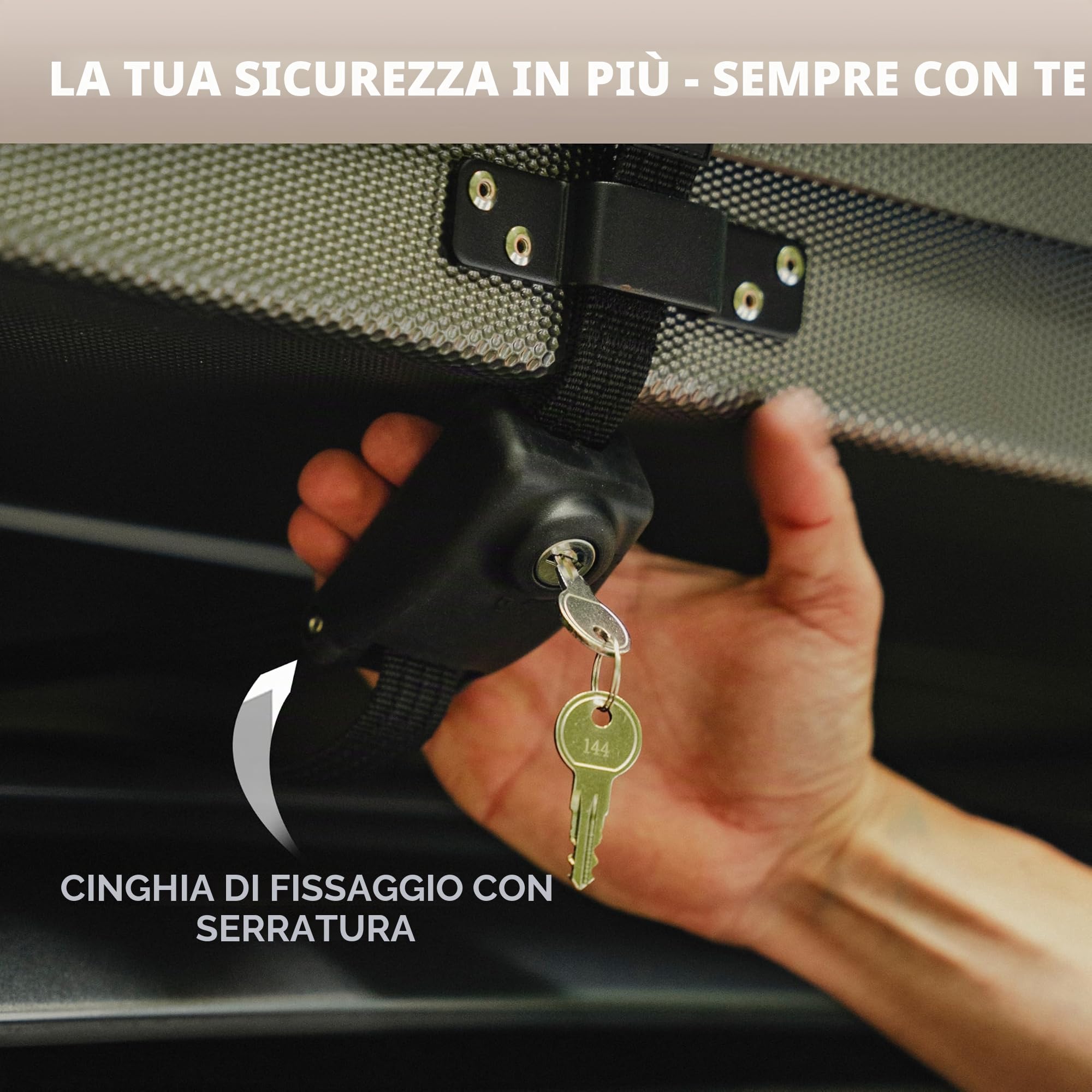 Naturbummler Cinghia di fissaggio con serratura [4 m] – Cinghia di fissaggio sicura con corda in acciaio integrata, serratura e chiave – Robusto nastro di fissaggio per box da tetto, tenda da tetto