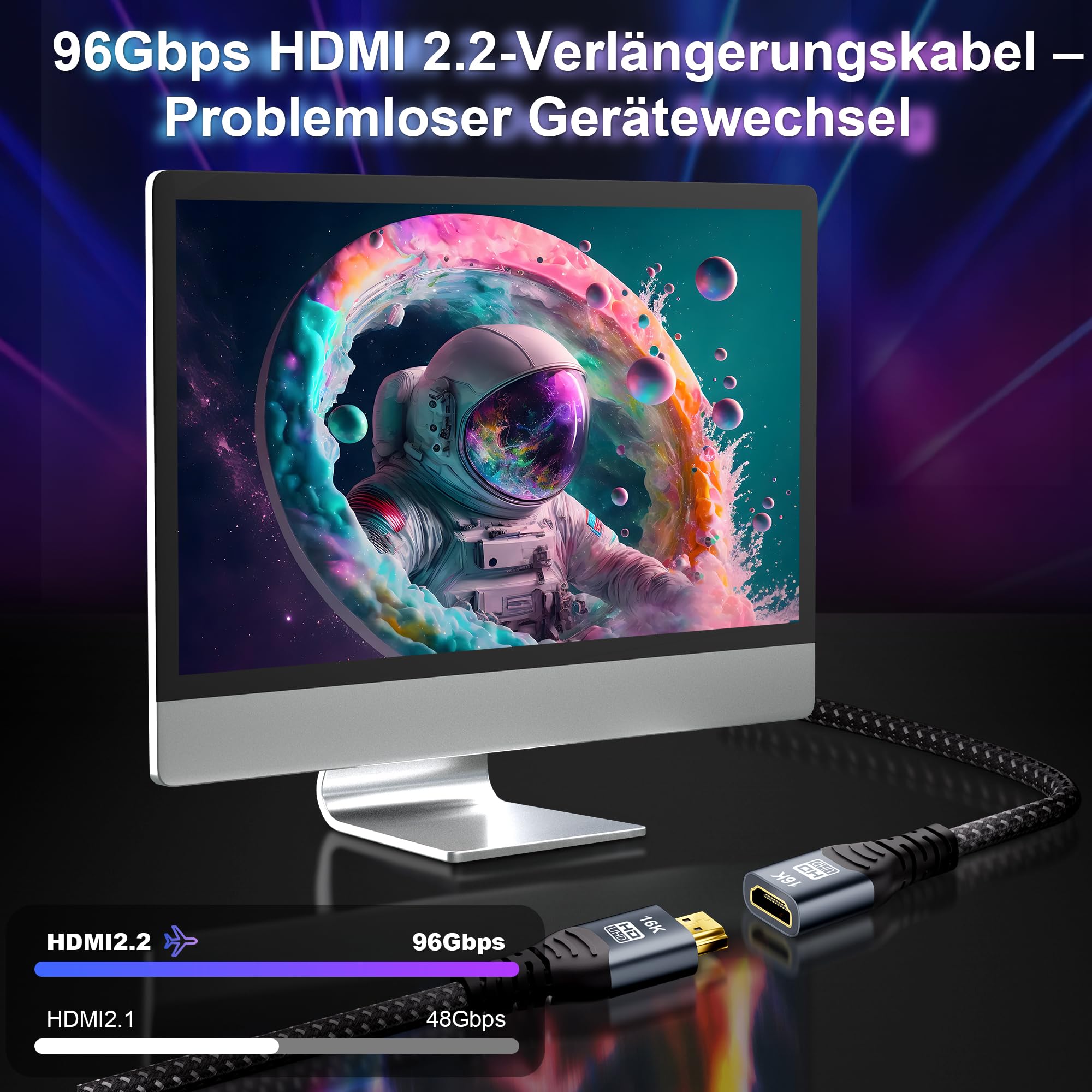 CAKOBLE HDMI Verlängerungskabel 2m,[2 Stück 2m] HDMI 2.2 Kabel 96Gbps Ultra-High-Speed,16K@60Hz,8K@240Hz,4K@480Hz, HDMI 2.1,eARC, HDR10+,HDCP 2.3, Male to Female Verlängerung für TV Gaming Monitor