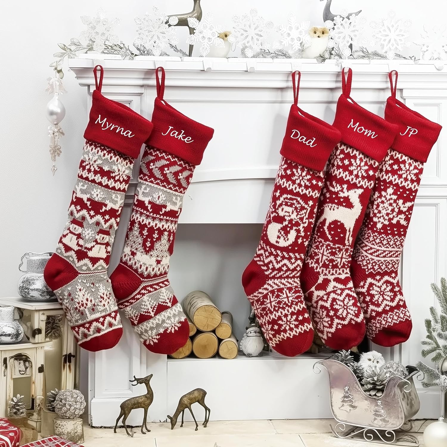 Personalized 28 inch Large Knitted Christmas Stockings – Intarsia Fair Isle Design with Nordic Patterns, Perfect for Family Holiday Decor - Red White and Red White Grey Patterns to Choose from