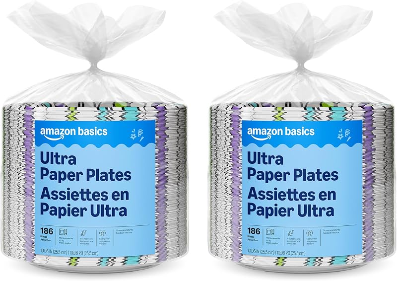 Amazon Basics Ultra Paper Plates, 10 Inch, Disposable, 372 Count (2 Pack of 186), Packaging May Vary