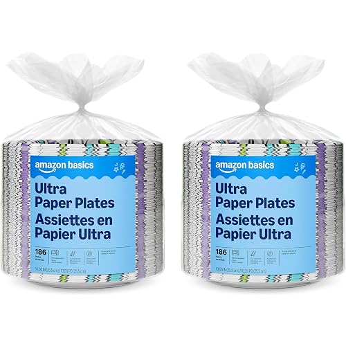 Amazon Basics Ultra Paper Plates, 10 Inch, Disposable, 372 Count (2 Pack of 186), Packaging May Vary