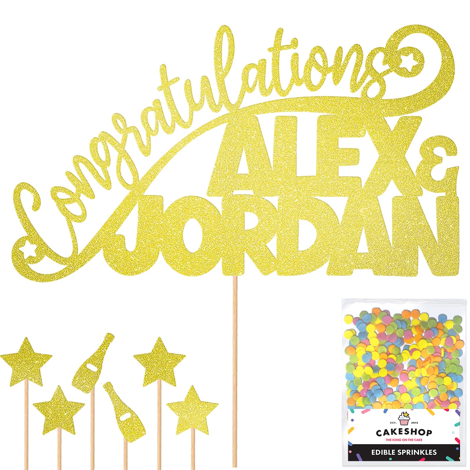 Personalised Congratulations Celebration Glitter Cake Topper - Champagne Any Name(s) Cake Decoration and Sprinkles - Any Occasion Party Decorations - Personalised Toppers for Cakes by Cakeshop โ image 1