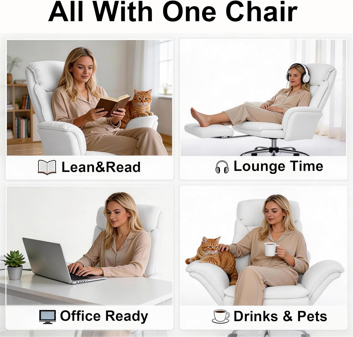 Big and Tall Office Chair, Extra Wide Teddy Fleece Desk Chair for Cross-Legged Sitting, Heavy Duty 300lbs Ergonomic Gaming Chair with Footrest, Flip-Up Arms Comfy Executive Computer Chair, White