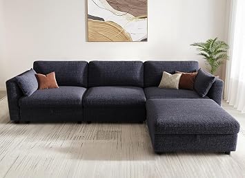 KKL Oversize Modular Sectional Sofa Couches for Living Room, 113" L Shaped Sofa with Adjustable Backrest, Couch Down Filled Sectional Sofa with Storage Ottoman Chenille, Blue