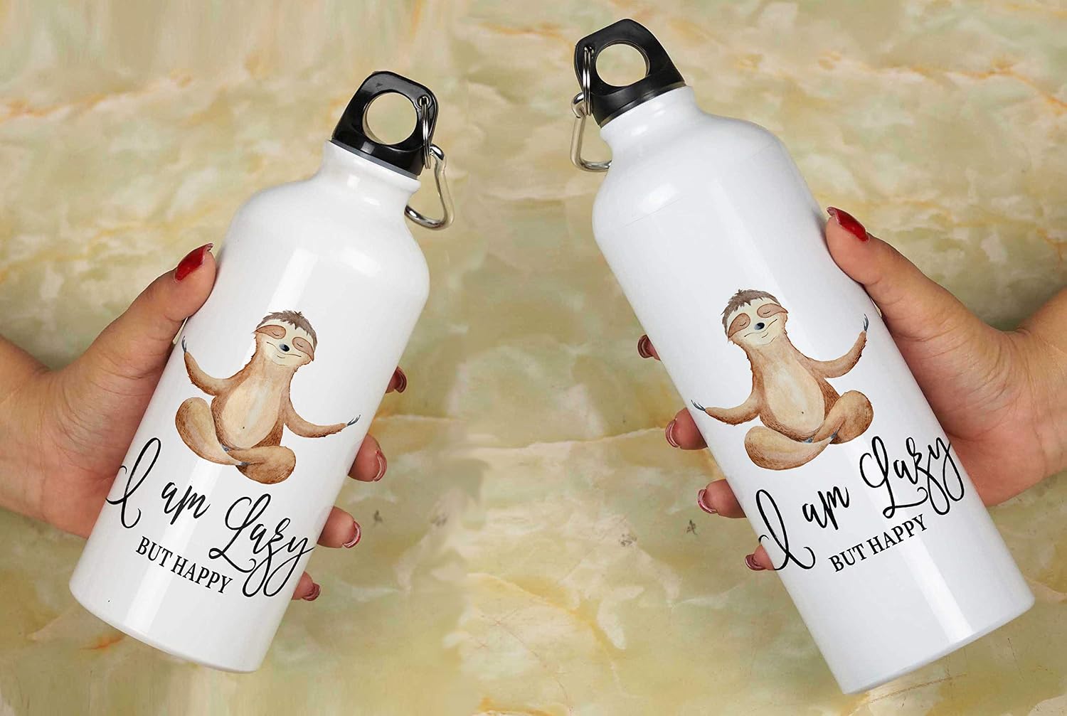Printtoo I Am Lazy But Happy Print Aluminium Sports Water Bottle With Carabiner Clip 650ml/21.9oz, White25, 650 ml - Image 5