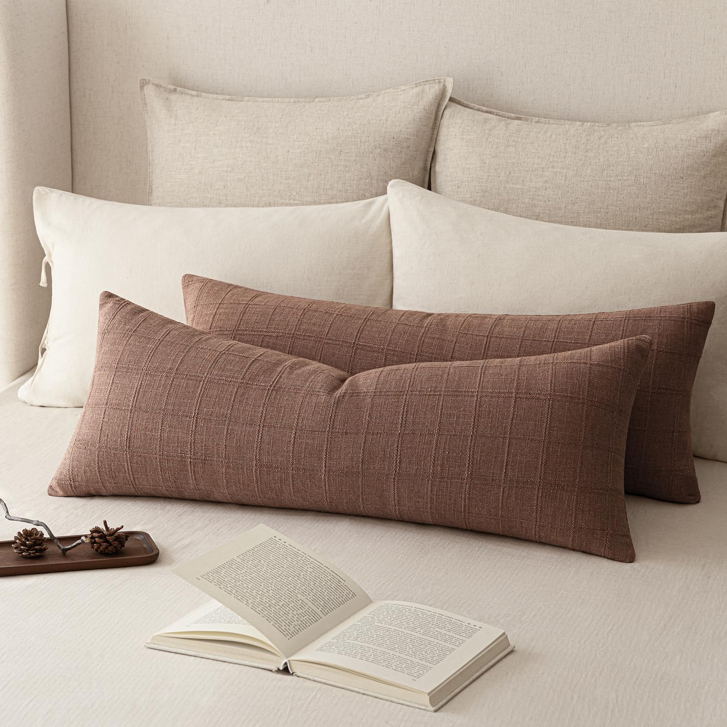 Foindtower Long Linen Check Lumbar Throw Pillow Cover 14×36 Cream White