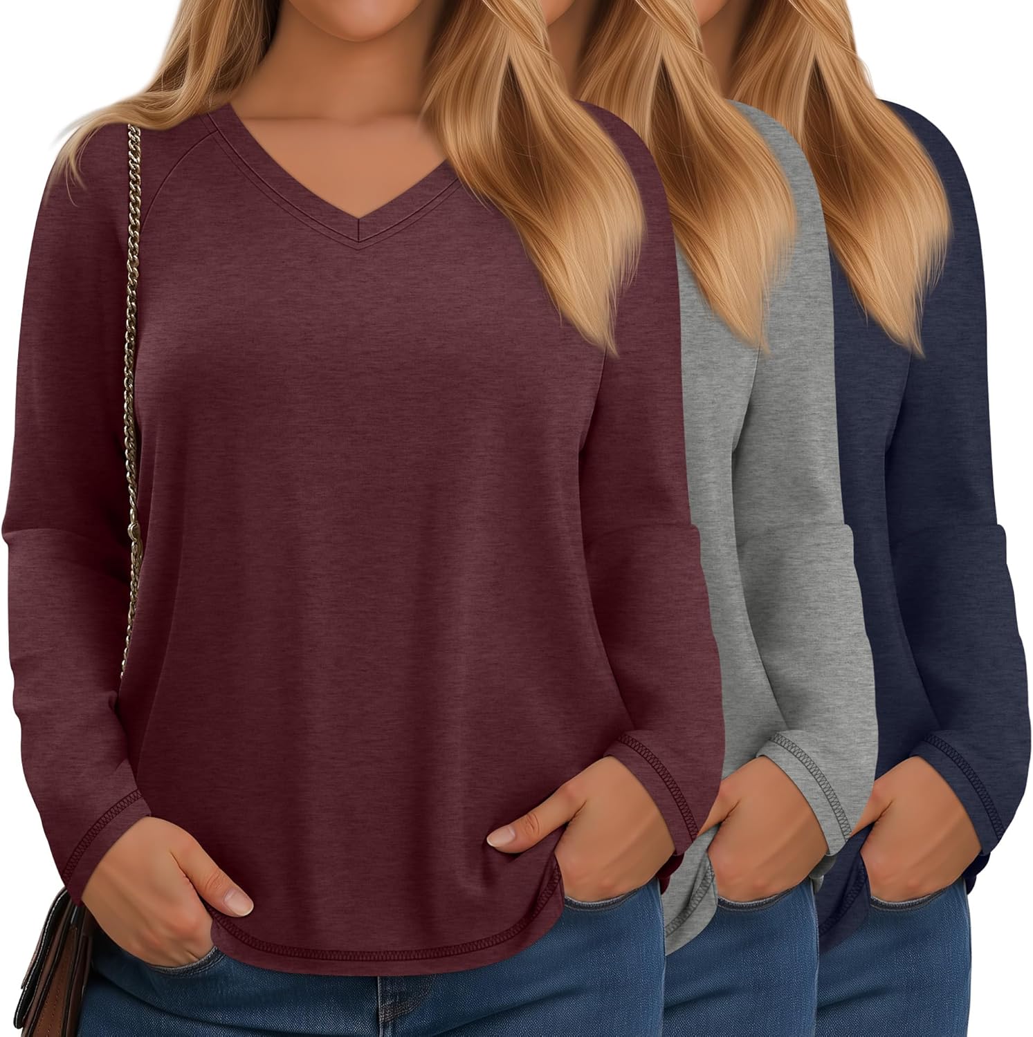 Velvelhall 3 Pack Women's Plus Size T-Shirt, Raglan Long Sleeve V Neck Tunic Tops Loose Fit Casual Basic Tee Shirt