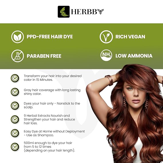 HERBBY Hair Color Shampoo for Gray Hair Coverage&Color Transform with 9 Herbal Extracts Long Lasting(6-8 Weeks),Shiny,Evenly Colored,Instant Hair Dye Shampoo&Conditioner,500 Ml (AUBURN BROWN COLOR)