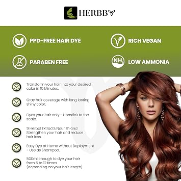HERBBY Hair Color Shampoo for Gray Hair Coverage&Color Transform with 9 Herbal Extracts Long Lasting(6-8 Weeks),Shiny,Evenly Colored,Instant Hair Dye Shampoo&Conditioner,500 Ml (AUBURN BROWN COLOR)