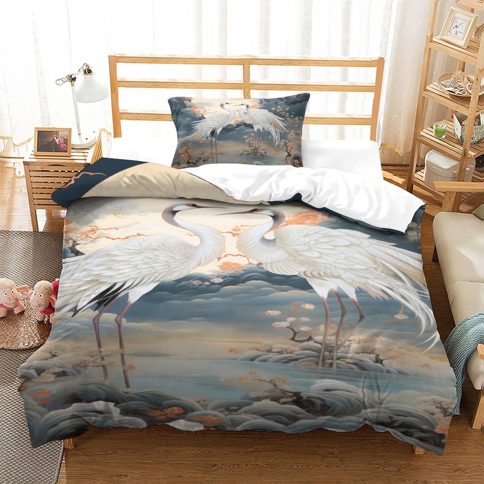 Housse de Couette Grue Blanche 135x200cm en Microfibre avec 2 Taies d'Oreiller
