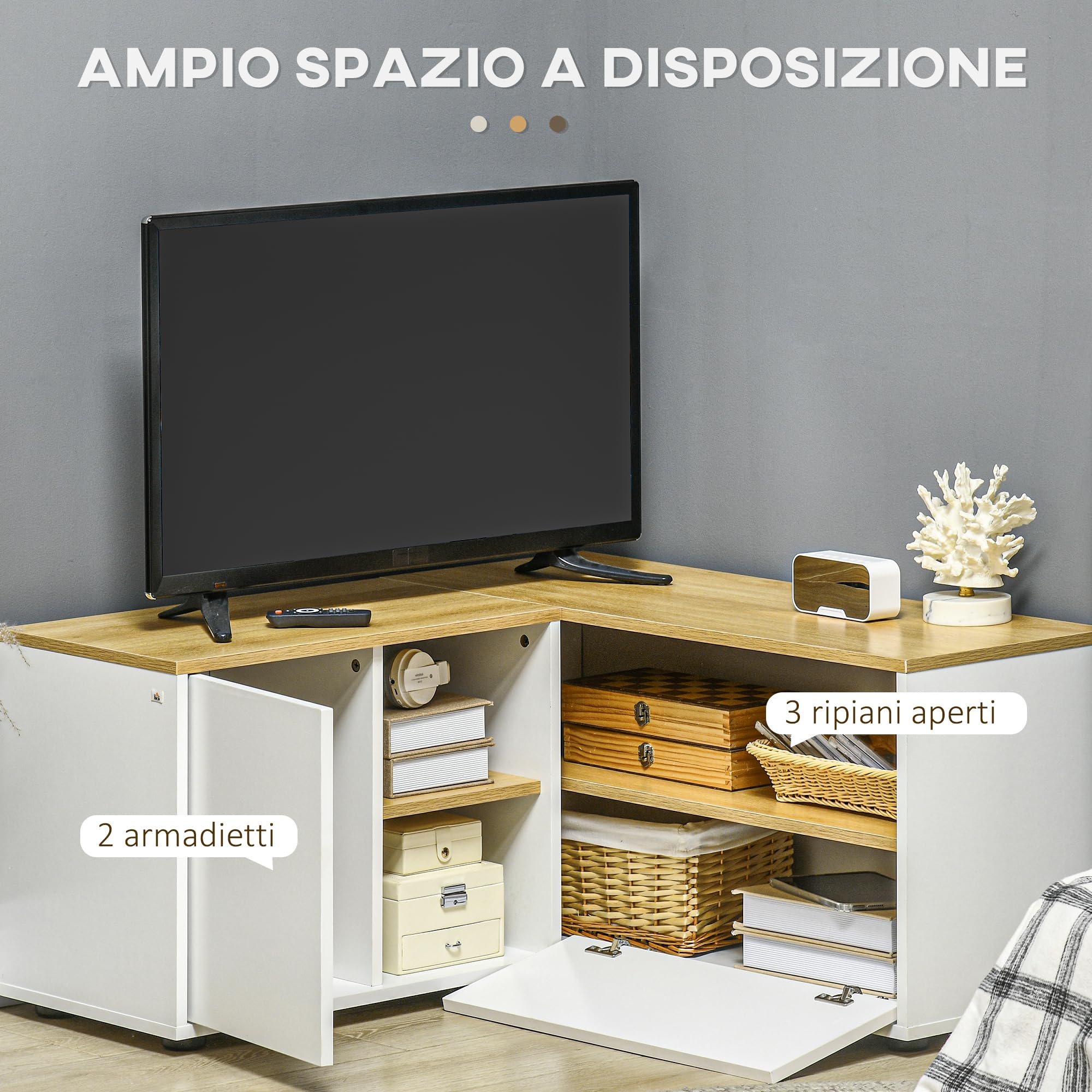 HOMCOM Mobile TV a L per TV da 40" con 3 Ripiani Aperti e 2 Armadietti, in Truciolato, 90x90x45 cm, color Rovere e Bianco