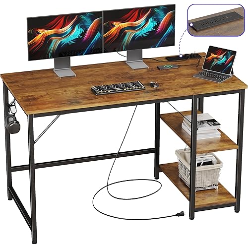 JOISCOPE 47 Inch Small Gaming White Computer Desk with Power Outlets, Home Office Desk with Storage Shelves and PC Stand for Small Space Home Office, Morden Simple Writing Table, Vintage Oak Finish