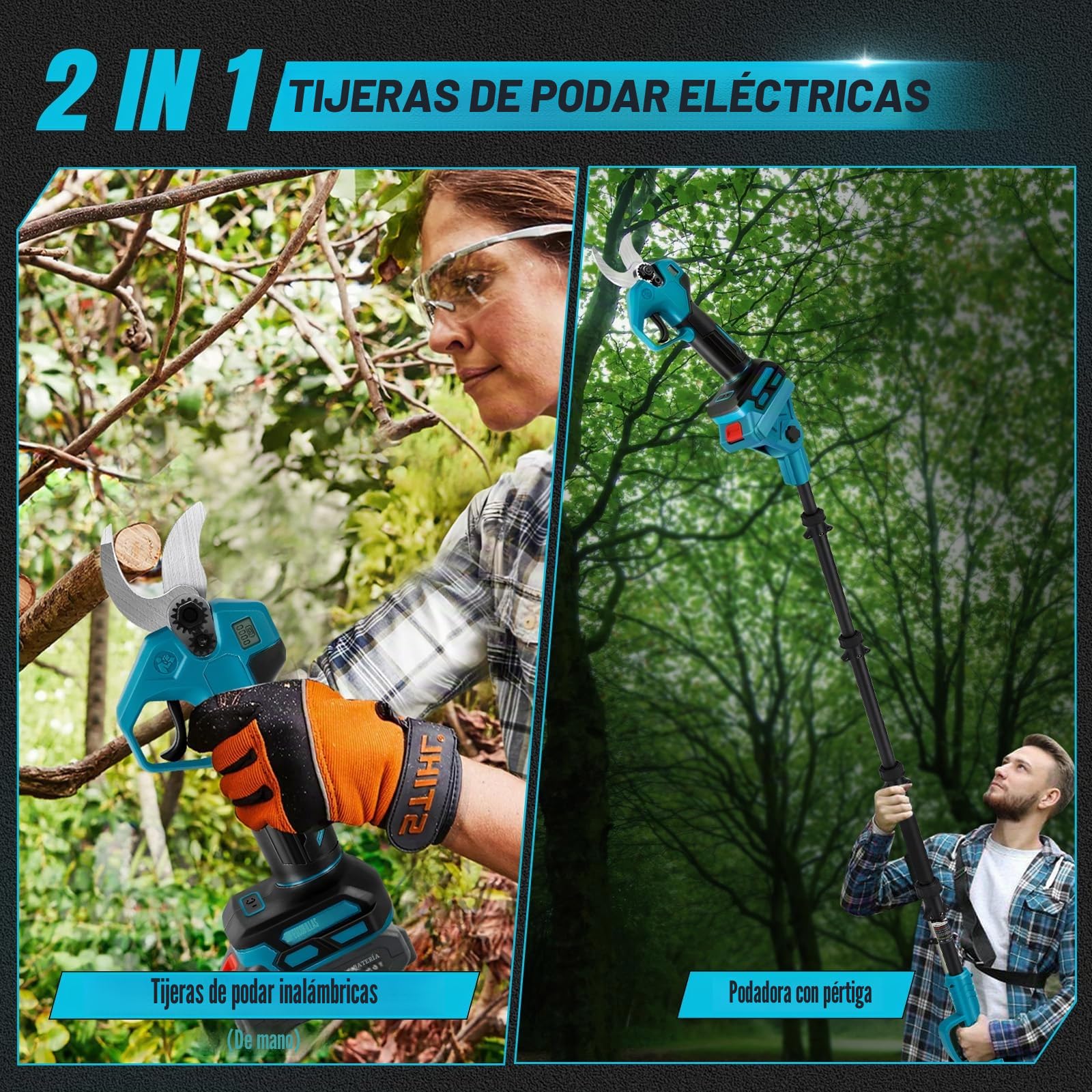 Tijeras de podar con batería de 2 x 2,0 Ah, tijeras de podar eléctricas 2 en 1 con barra de extensión de 2 m, diámetro de corte máximo de 30 mm, pantalla LCD, tijeras telescópicas extensibles hasta