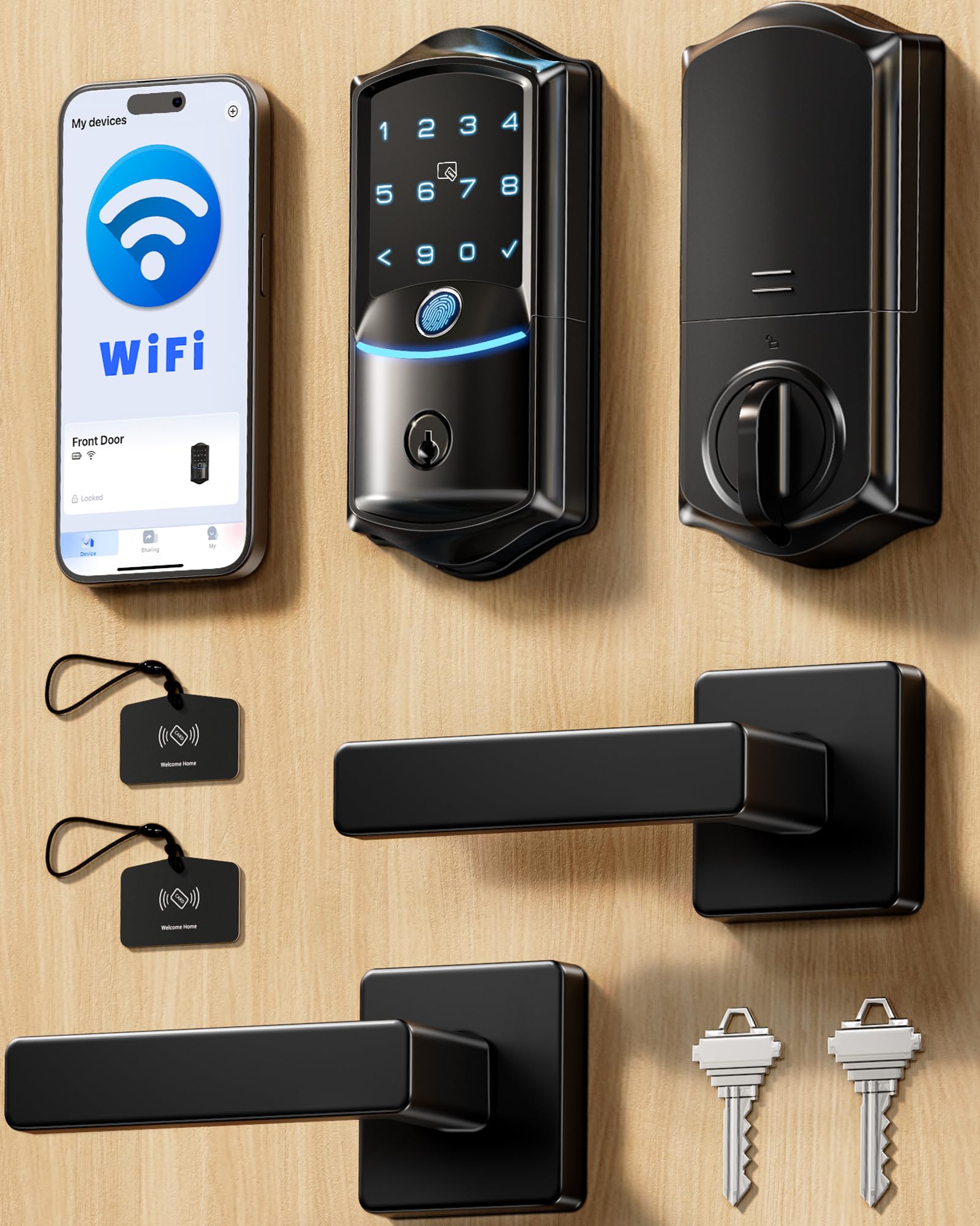 Photo 1 of Veise VE027-L Built-in WiFi Smart Lock with Handles, Fingerprint keyless Entry Door Lock Set, App Remote & Voice Control, Electronic Deadbolt for Front Door, Touchscreen Keypad, Auto Lock, Matte Black