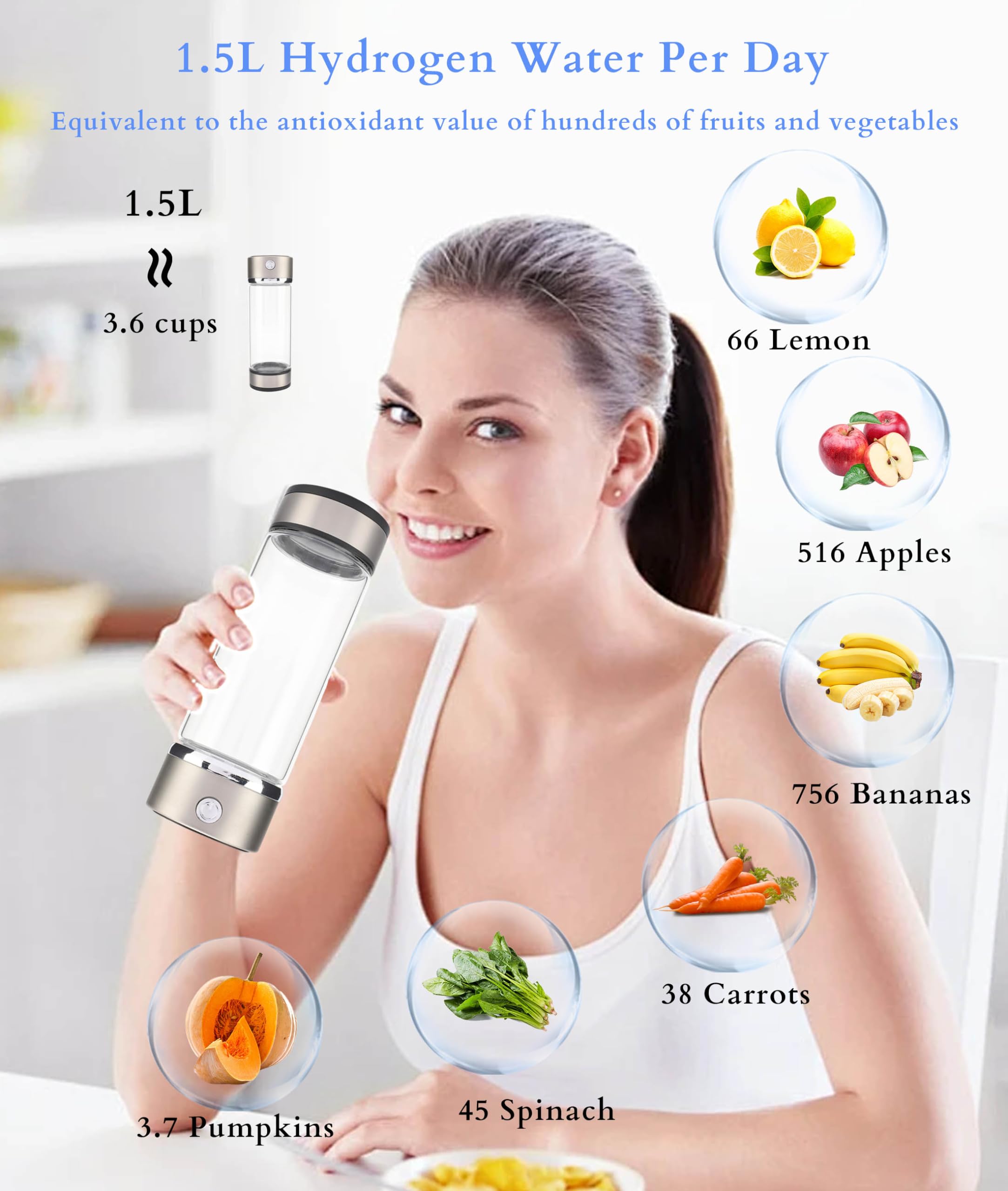 Bottiglia D'Acqua di Idrogeno, Bottiglia Portatile per Generatore di Acqua di Idrogeno, Tazza di Acqua Ricca di Idrogeno con Ricarica USB, Bottiglia di Ionizzatore D'Acqua da 420