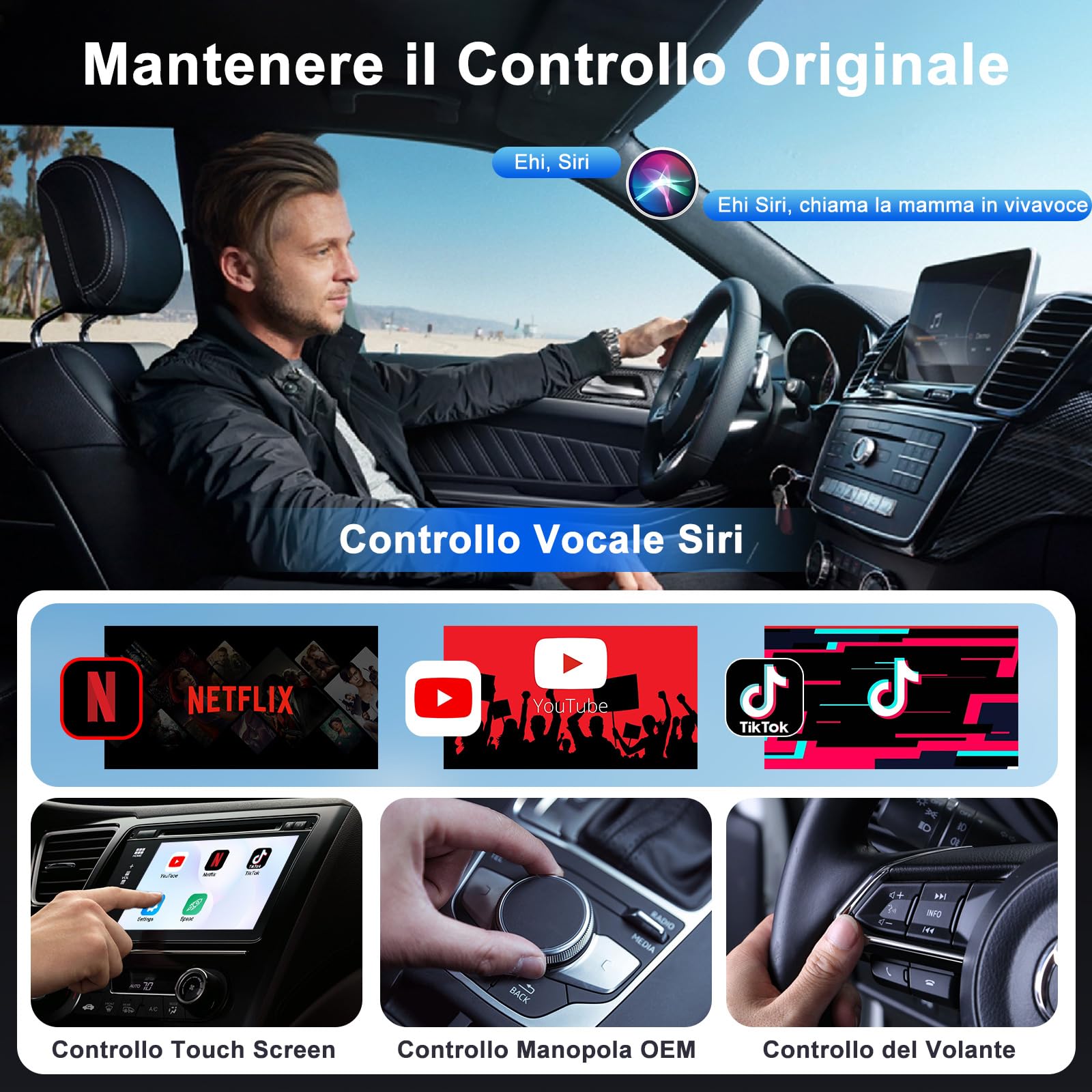 Adattatore CarPlay Wireless con YouTube, Netflix e Tiktok per iPhone, Dongle per CarPlay Cablato in Fabbrica a Wireless, Connessione Automatica per Auto Successive al 2016