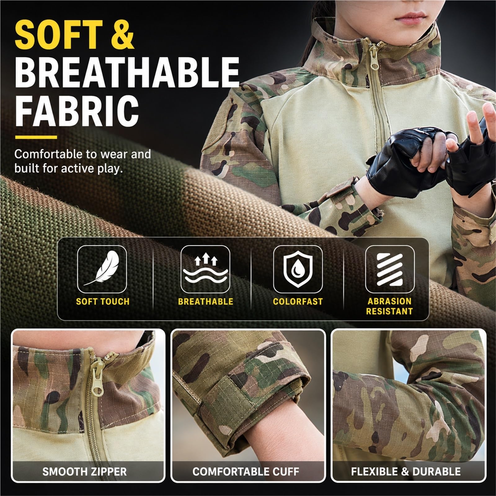 Costume Militare Bambino 100% Cotone, Maglia e Pantaloni Mimetici | Allenamento Outdoor con Casco, Cintura e Protezioni for Giochi di Ruolo, Recite Scolastiche e Feste in Maschera