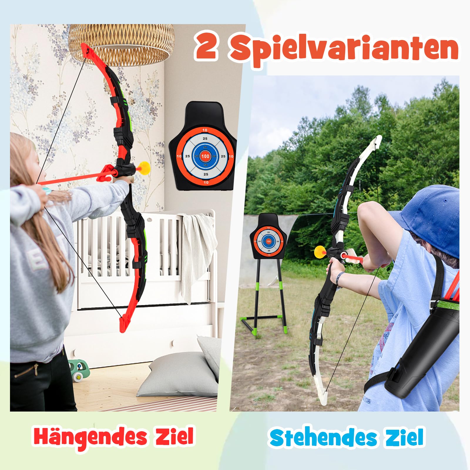 COSTWAY 2 er Set Boden und Pfeil Set, Bogenschießen Set mit LED Lichtbögen, 20 Pfeilen, 2 Köchern & Zielscheibe, 2 in 1 Kinderbogen stehend/hängend für drinnen und draußen für Kinder ab 3 Jahren