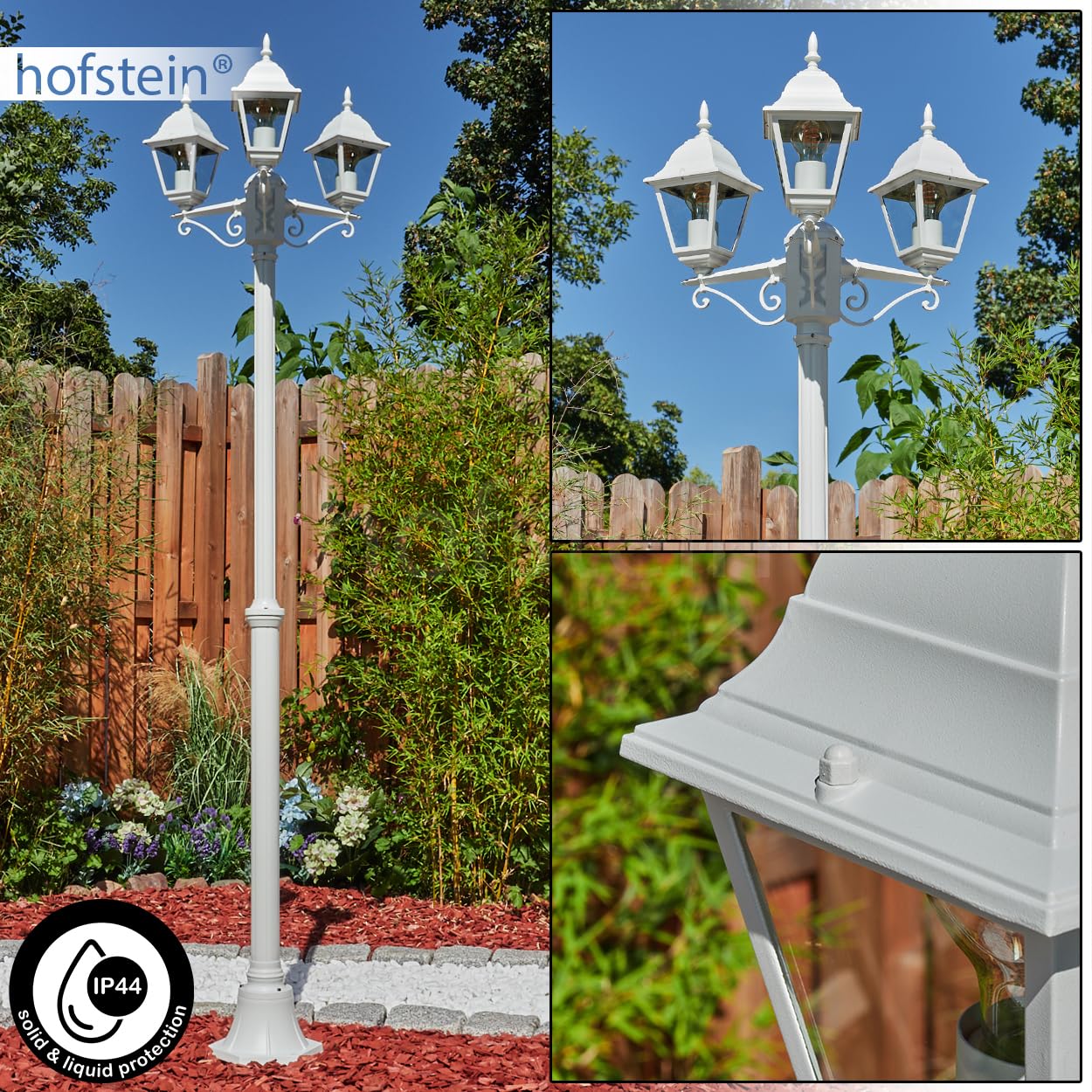 HOFSTEIN Lampa zewnętrzna Naofe, oświetlenie ścieżki z metalu/szkła w kolorze białym/przezroczystym, kandelabr o antycznym wyglądzie, wysokość maks. 220 cm, oświetlenie ogrodowe IP44, 3 x E27, bez