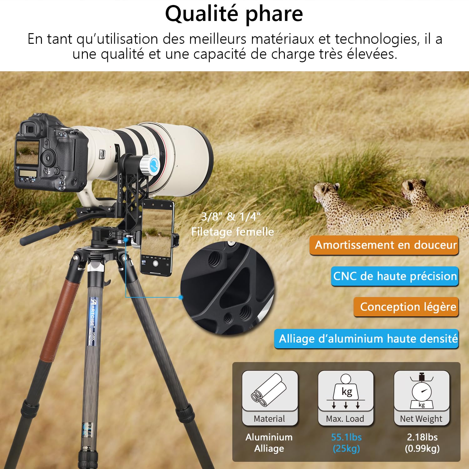 ARTCISE GH7 Tête de trépied à cardan avec poignée, Plaque de Fixation Rapide 1/4'', Niveau à Bulle, Charge 25KG