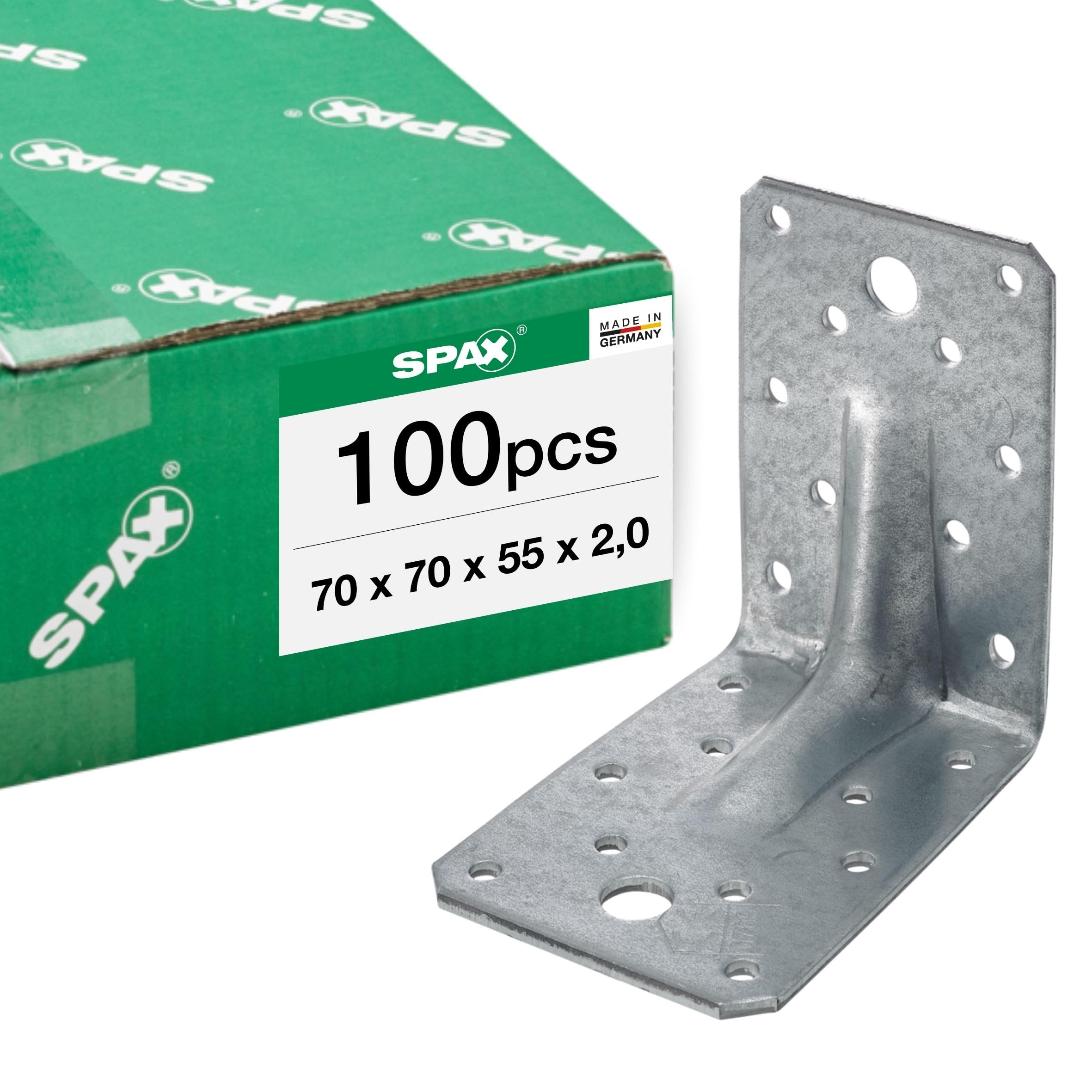 SPAX Winkelverbinder mit Rippe 70x70x55 mm, 2 mm Blechstärke, 100 Stk. - Feuerverzinkter Stahlverbinder Holz an Holz, Beton & Stahl Verbindungen - Made in Germany, SXABR70