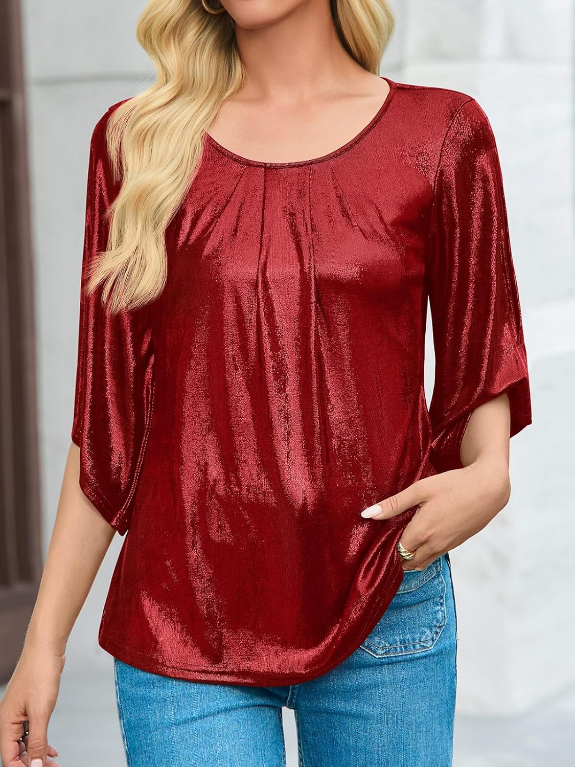 Yousify Womens 3/4 Sleeve Tops Trendy Glitter Sparkly Pleated Blouse Casual Party Crewneck Loose Fit Shirts - Image 5