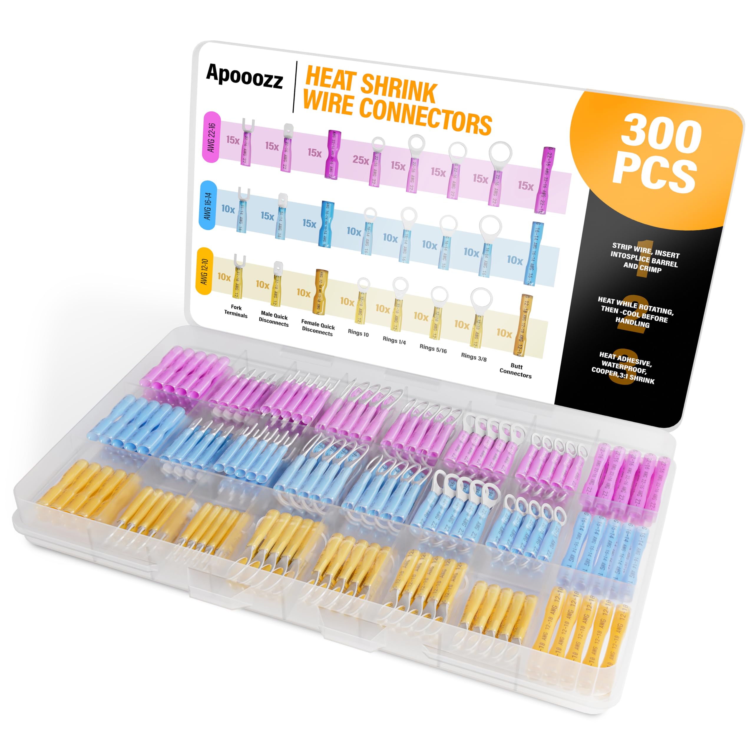 Kit di 300 connettori termorestringenti per cavi elettrici impermeabili, set di terminali a crimpare con anelli isolati, forcelle, giunzioni di testa a vanga, connettori per cablaggio perfetto