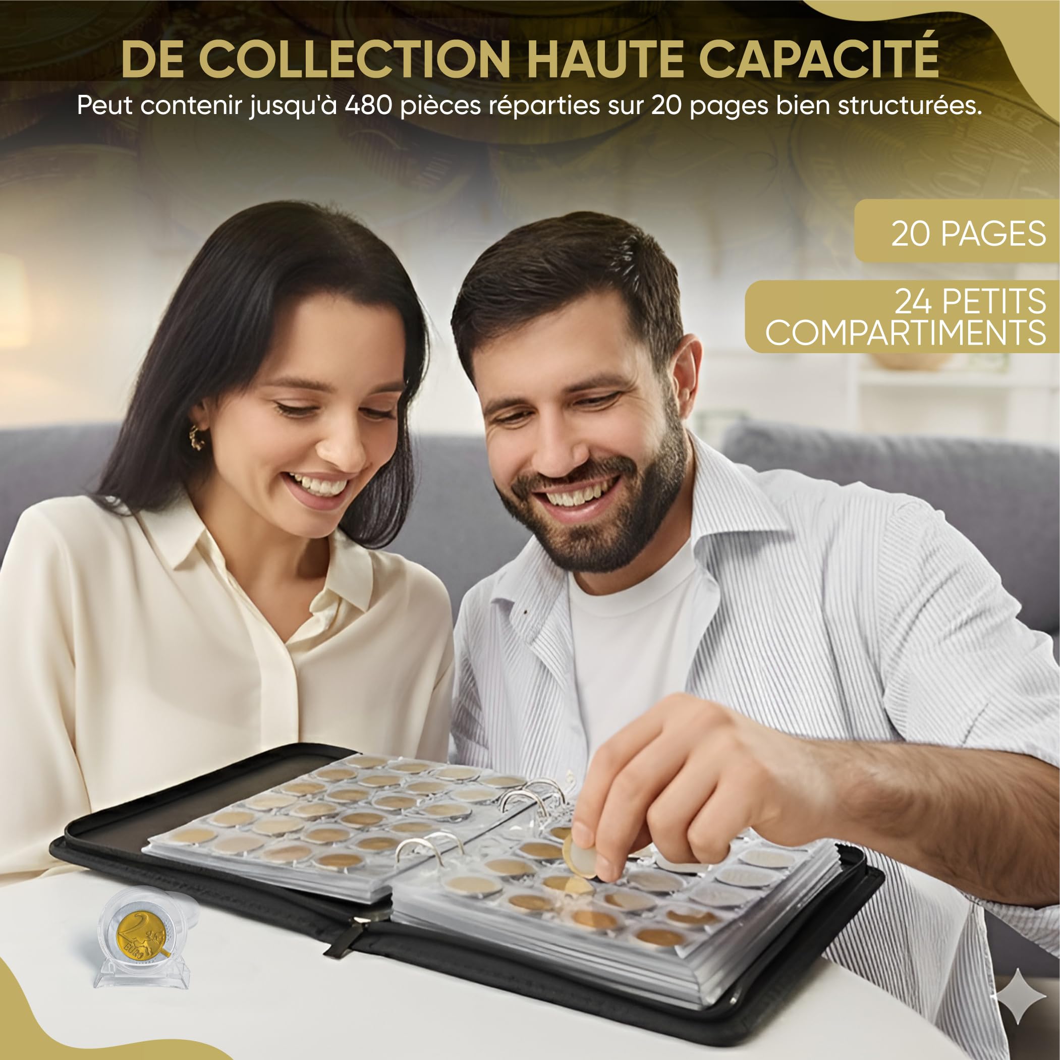 Classeur pièce 2 euros – classeur numismatique 480 pochettes en cuir résistant – album collection pièces de monnaie, rangement et protection pour collectionneurs