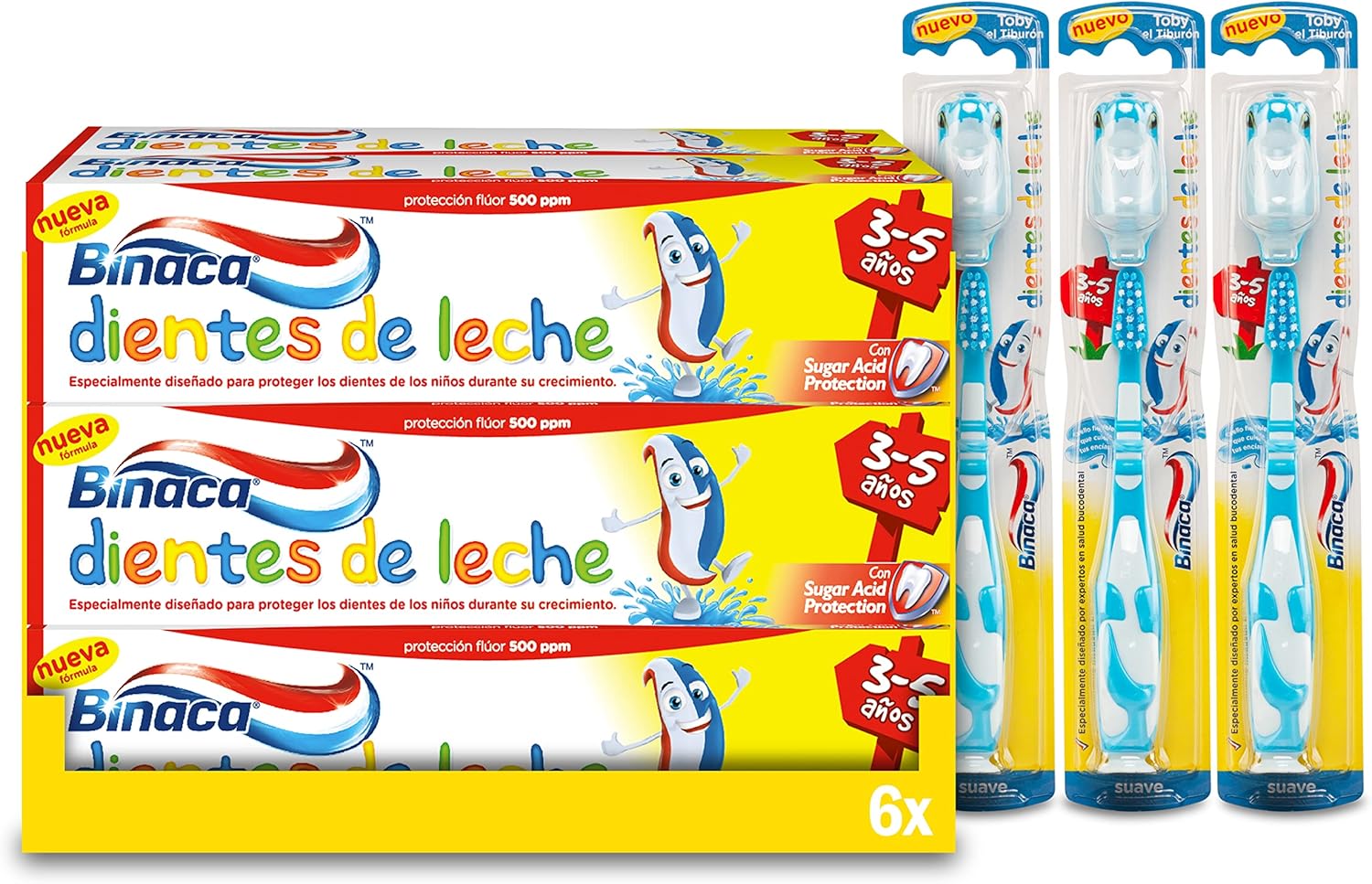 Binaca Dientes De Leche, Pack De 6 Pastas De Dientes Y 3 Cepillos De Dientes, Para Niños Entre 3 y 5 Años