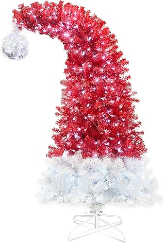Merax Árbol de Navidad verde preiluminado de 7 pies, sombrero de elfo, árbol de Navidad preiluminado con 400 luces, 1250 puntas para decoración