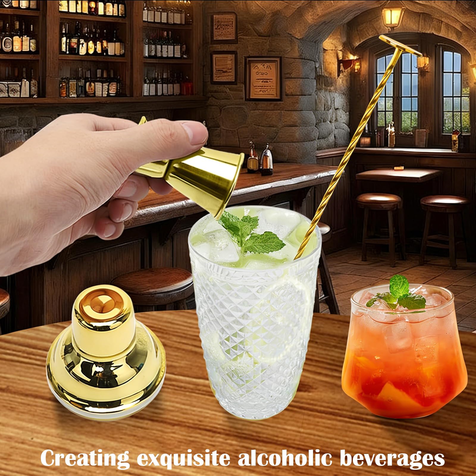 Set Di Shaker per Cocktail In Vetro 400ml, Shaker Da Cocktail In Vetro Trasparente, 400 Ml Shaker In Cristallo, Con Misurino e Cucchiaio, per Bar Domestici, Bevande a Base Di Succhi Di Frutta, Oro